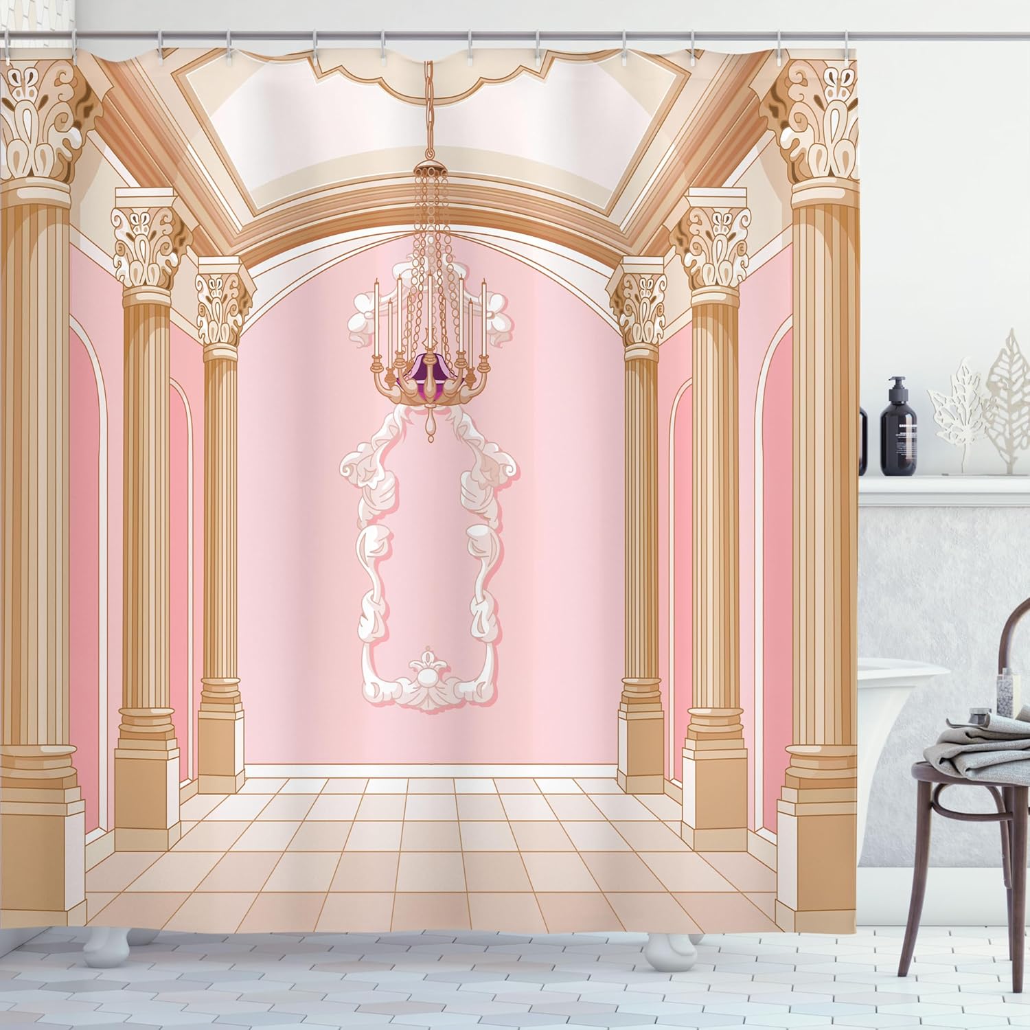 Ambesonne Cartoon Shower Curtain, Interior of The Ballroom Magic Castle Chandelier Ceiling Columns Kingdom Print, Cloth Fabric Bathroom Decor Set with Hooks, 69" W x 70" L, Pink Beige