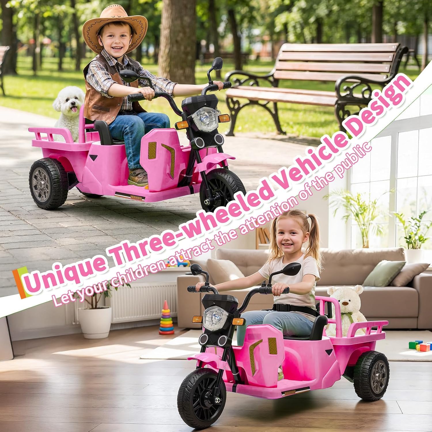 Elektrisches Dreirad 12V Kinder mit Anhängerplattform, dreirädriges Elektro-Kinderfahrzeug mit Fernsteuerung, Musik, Bluetooth, Rückspiegeln und LED, für Kinder ab 3 Jahren, Rosa