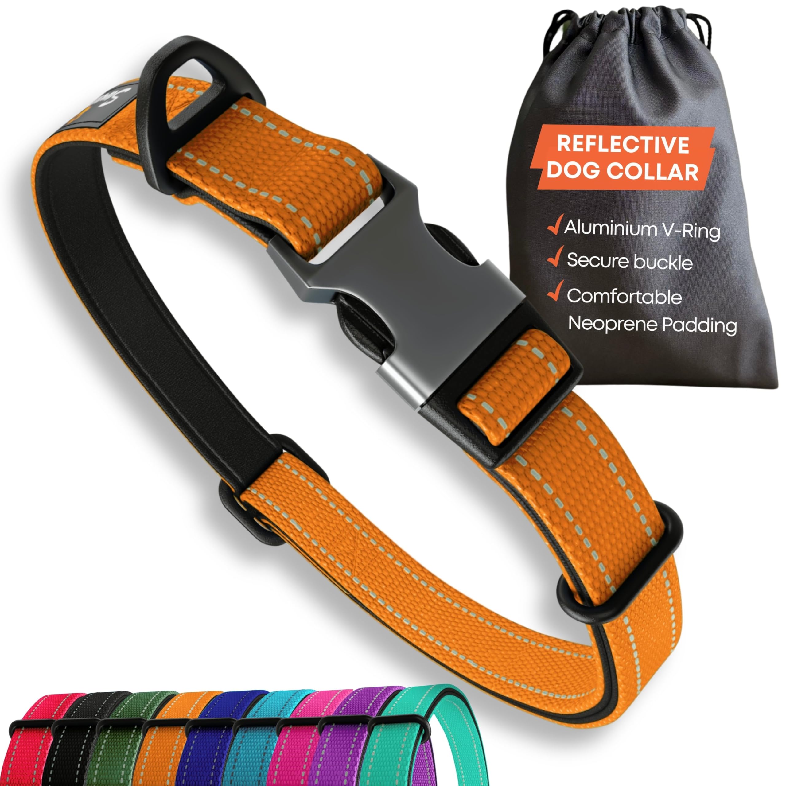 Strong Dog Collar Large Dogs – Orange Reflective Adjustable Padded Dogs Collars - Aluminium V-ring Dog Safety