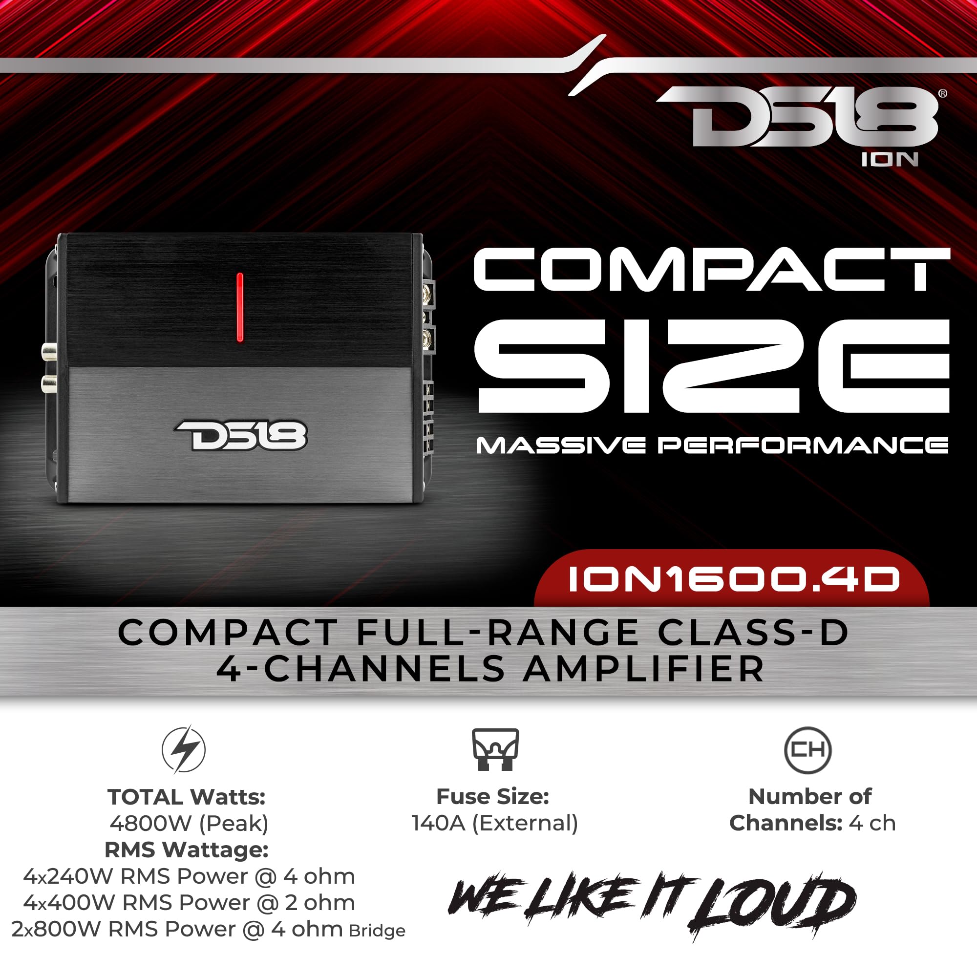 DS18 ION1600.4D 4-Channel Amplifier Full Range 4 x 240W Rms @ 4-ohm Class D, Compact Design, Digital 4 Channel Car Audio Amplifier Miniature Size, Multichannel Amplifier, Small Design, Black/Silver