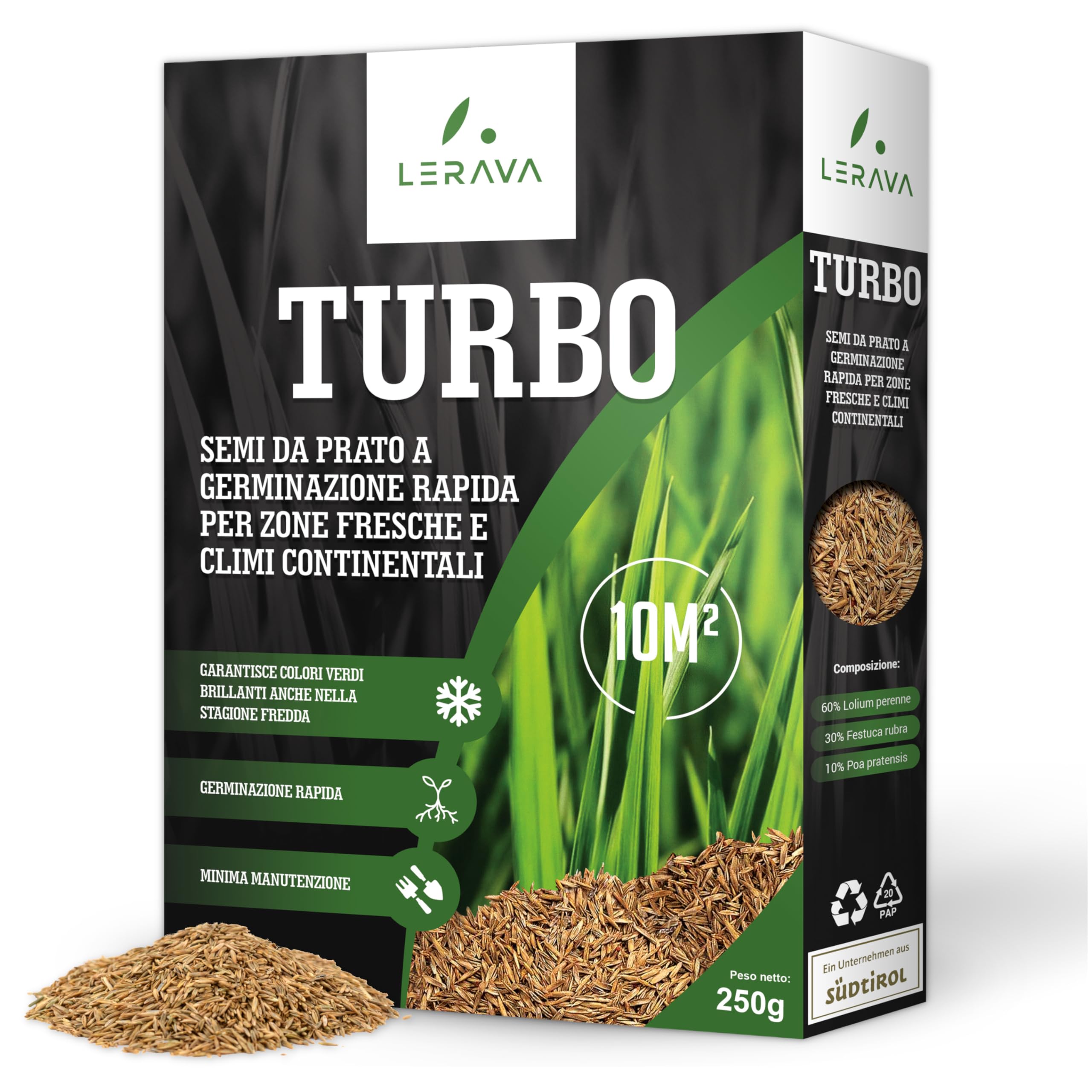 LERAVA TURBO Semi Loietto Perenne (10 m²) - Semi prato a Crescita Rapida - Fine Tessitura - Sementi per Prato Resistente e Denso - Erba da Giardino Verde Brillante - Ideale per Sole e Ombra