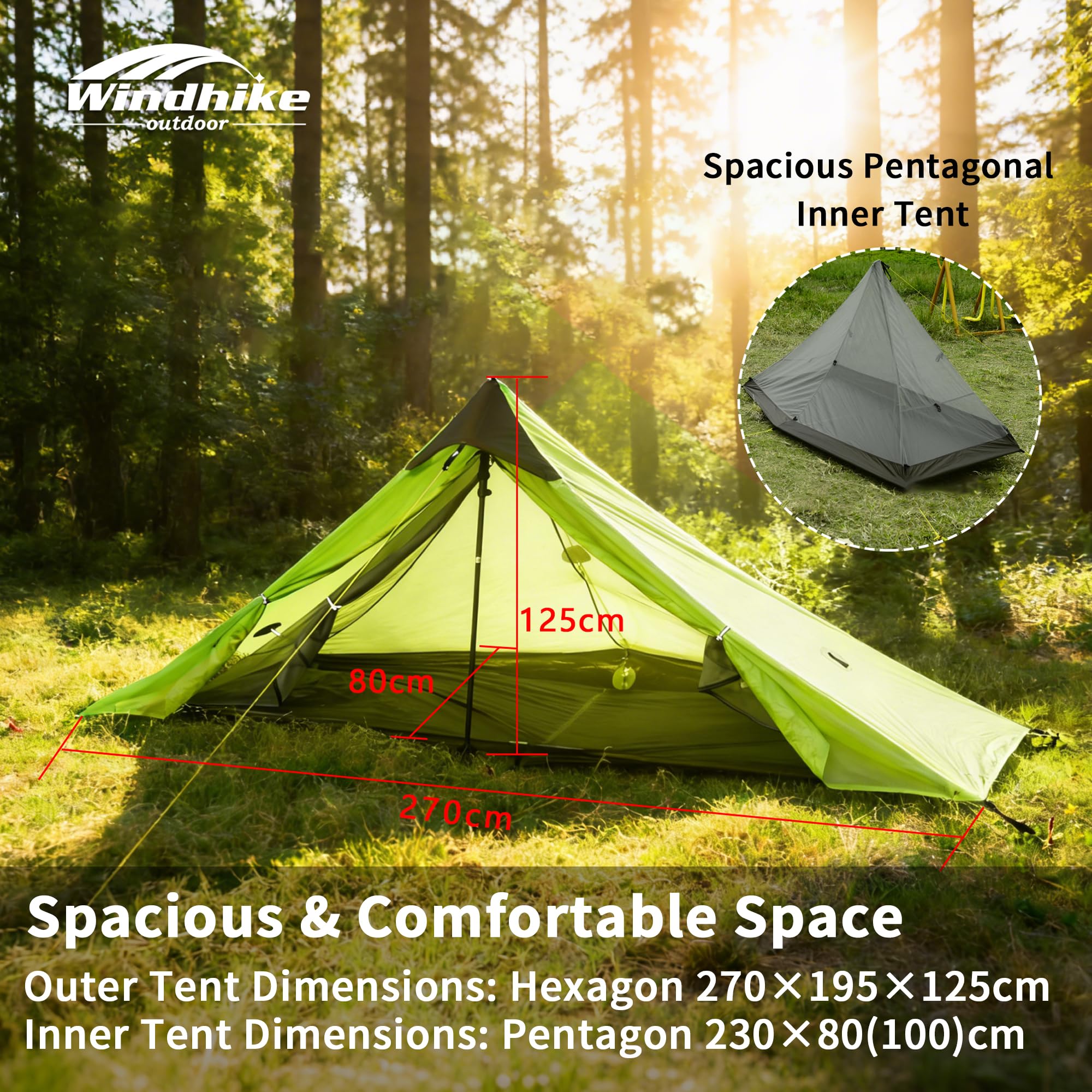 Windhike Tente ultra légère 0,92 kg, sans barres, pour 1 personne, tente de trekking, double couche, facile à monter, bien ventilée, PU 5000 mm imperméable et coupe-vent, pour la randonnée