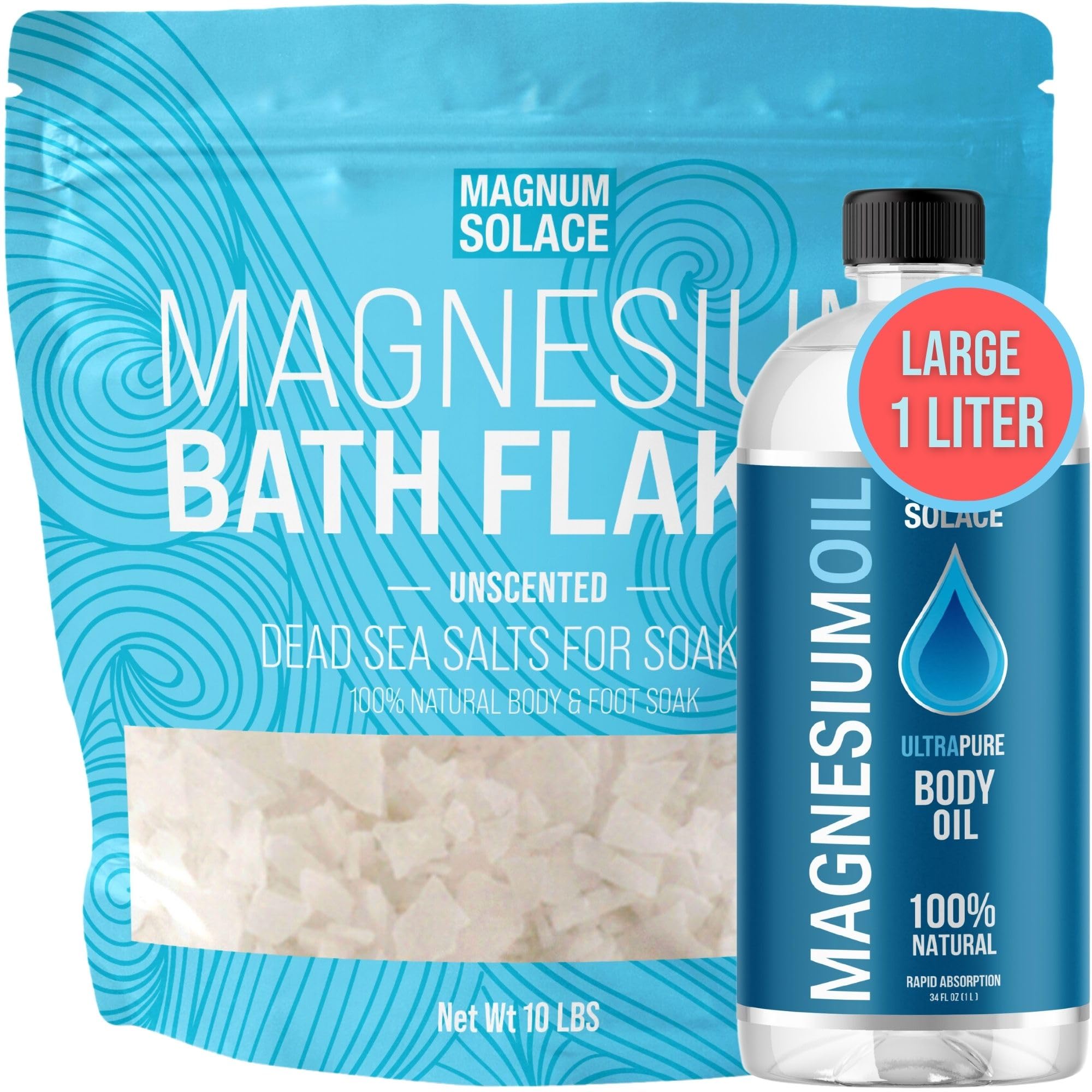 Magnesium Oil and Bath Flakes Soak - Large 1 Liter & 10 LBS Magnesium Chloride Flakes