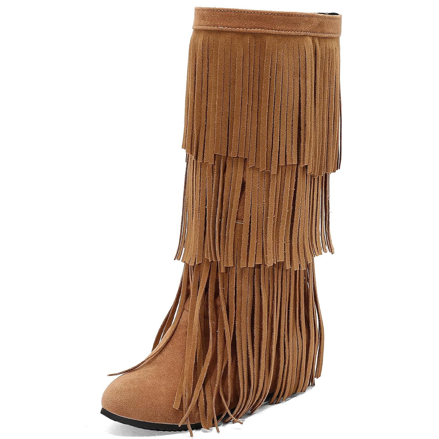 DINTAHA Fringe Suede Boots Flat Knee High Boots With Tassel Long Tall Pull On Boots