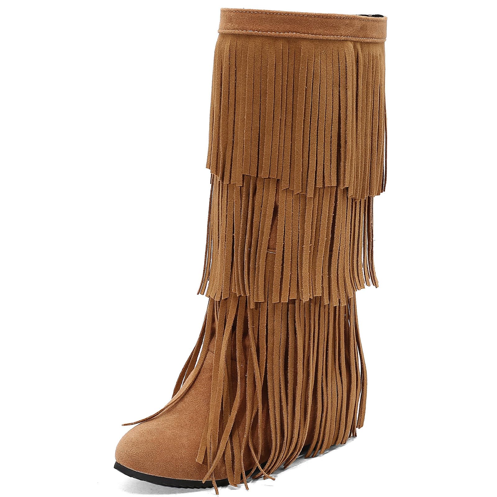 DINTAHA Fringe Suede Boots Flat Knee High Boots With Tassel Long Tall Pull On Boots