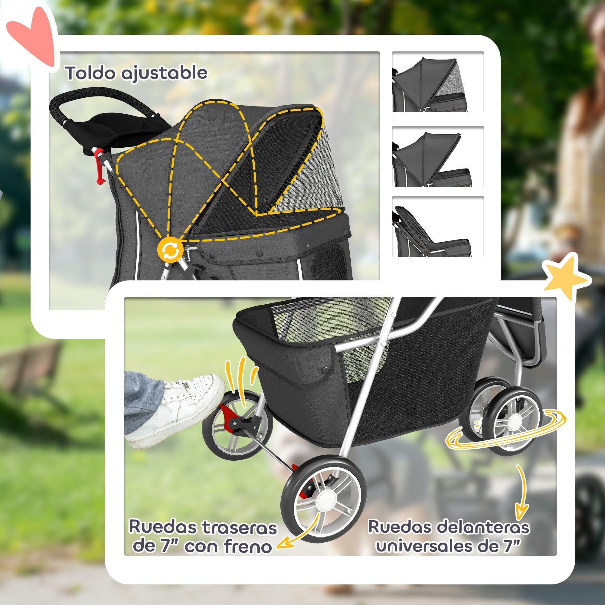 PawHut Carrito para Perros Plegable, Cochecito para Perros Pequeños con Cesta de Almacenaje, Ventanas de Malla, Portavasos y Ruedas, Carga 10 kg, 77x44x102 cm, Gris Oscuro