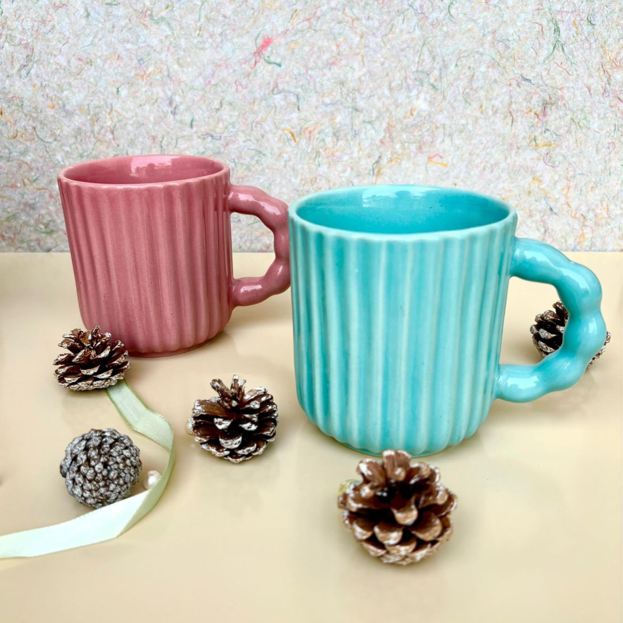 Decor Doers Ceramic Handmade Bubble handle Mug 12 oz Coffee and Tea Cup Handcrafted Microwave and Dishwasher Safe Decorative Blue Pink Mug Custom Designer Cup Set of 2(300ml)
