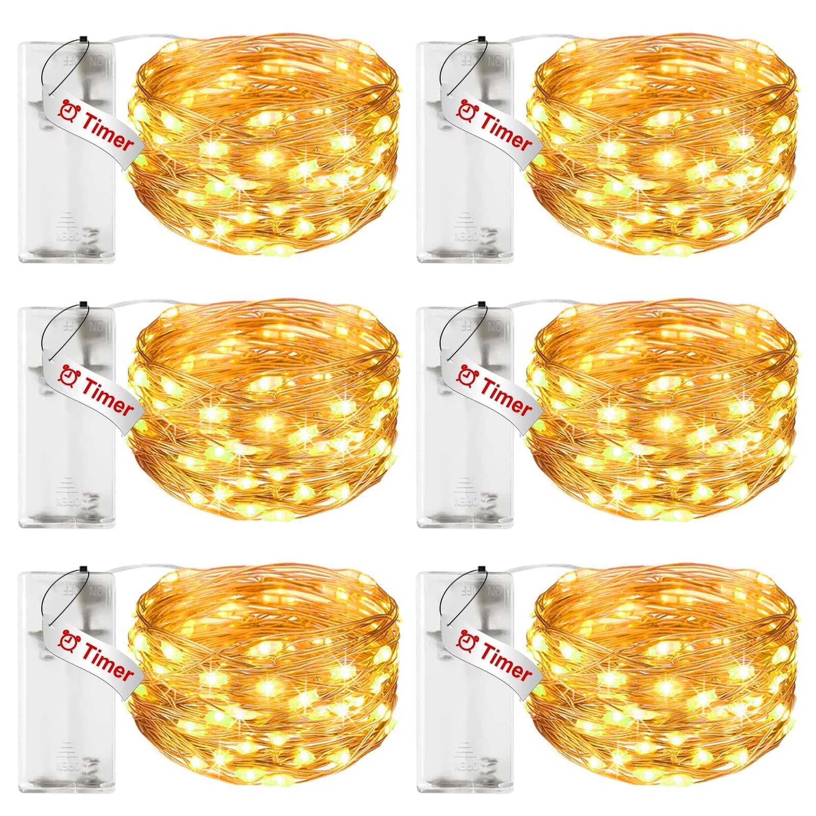litogo 6 Stück LED Lichterkette Batterie mit Timer, 3M 30 LED Kupferdraht Lichterkette Innen, lichterketten batteriebetrieben (AA Batterie) für Party Weihnachten Halloween Hochzeit Deko, Warmweiß