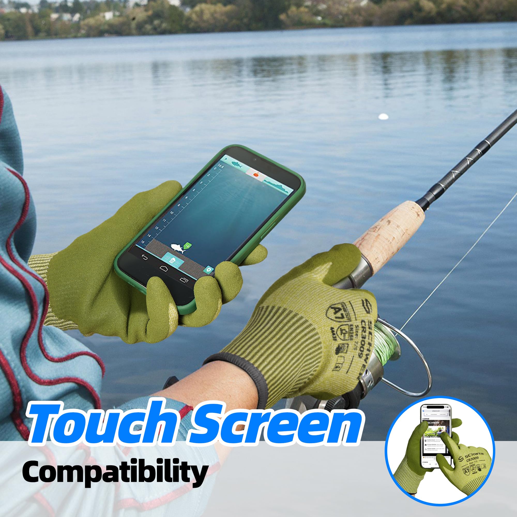 Schwer 2 Pairs ANSI A6 Cut Resistant Fishing Gloves, CR3009 Touchscreen Compatible Work Gloves for Men and Women, Non Slip, Ideal for Fishing, Hunting, Hiking, Cycling, and Outdoor Activities, L