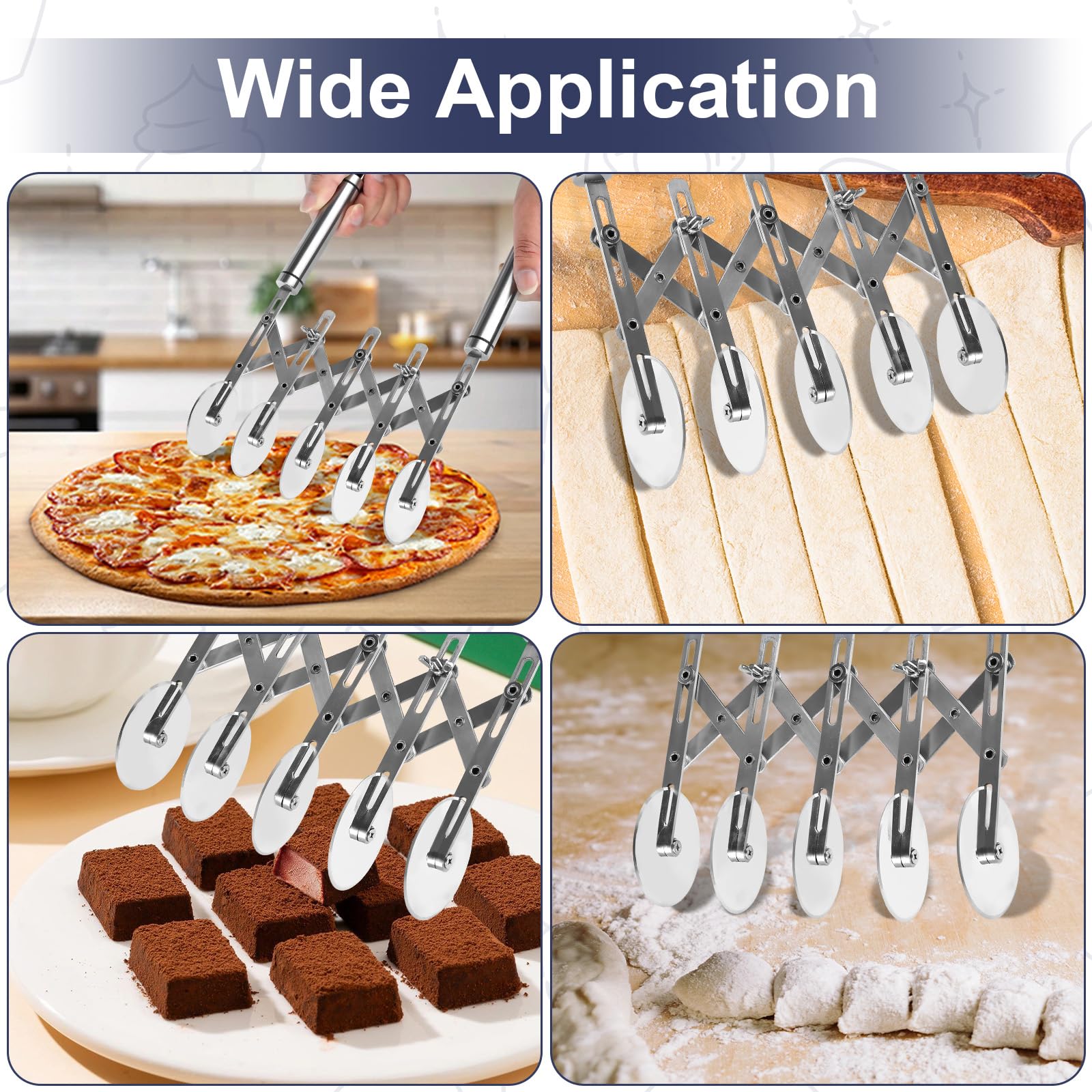 Cortador Pizza Ajustable, Cortador de Repostería de 5 Ruedas, Cortador De Masa con Mango, Anchura Ajustable, de Acero Inoxidable, para Pizza, Pan y Pasteles