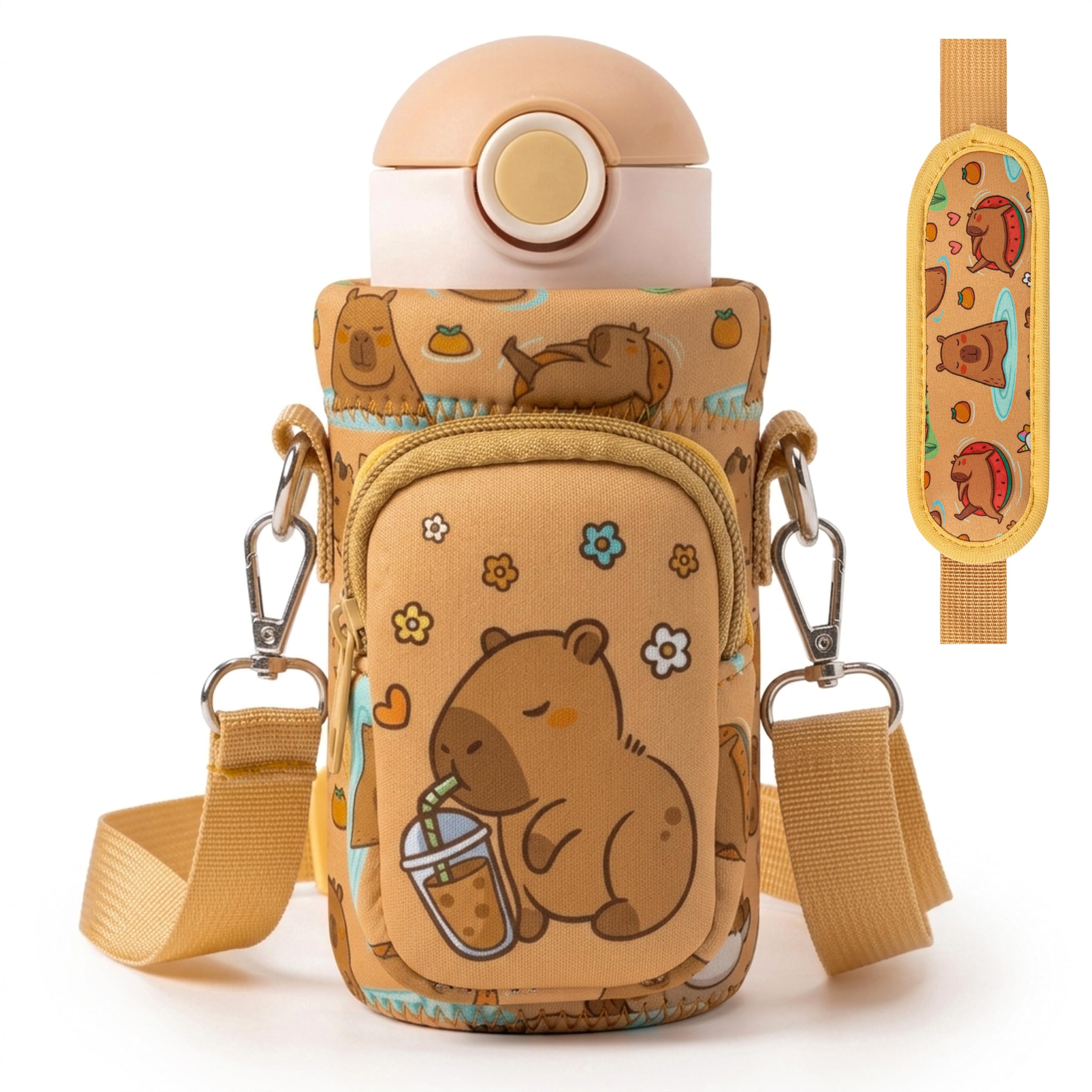 2ooya Water Bottle Carrier for Kids - Capibara Water Bottle Holder with Adjustable Strap, Cute Animal Sling Bag with Pocket, Protective Sleeve for 10/12/14/16/18oz Bottles for School Walking Hiking — image 1