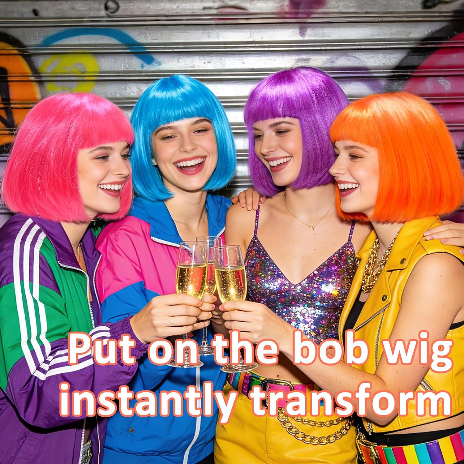 4 Pack Colored Bob Wigs and 4 Pcs Heart Sunglasses Set, Colorful Neon Short Hair Wig for Women Cosplay Costume Party (Colorful)