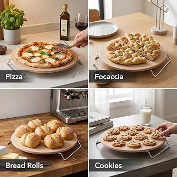 OVENTE 13 Round Pizza Stone for Oven and Grill, Beige BW10132 | Heat Resistant Flat Ceramic w/ Cutter Wheel, Metal Rack Stand, Ideal for Making Crisp Crust Flatbread, Bread, Cookies & More