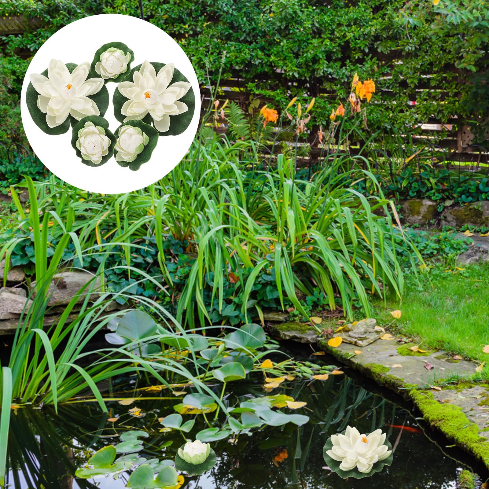 CLISPEED Artificial White Lotus Flower: 5 Pcs Pond Plants for Small Pond Outdoors Floating Flowers for Water Lily Pads Ornament for Garden Patio Pool Aquarium Decoration - Image 2