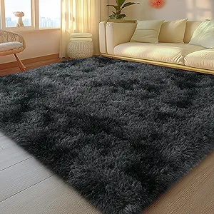 5x7 Rugs for Living Room, Large Fluffy Area Rugs for Bedroom, Soft Carpet Shag Kids Rug with 4 Non-Slip Rug Pads (Black Grey Tie-Dyed, 5ft x 7ft)