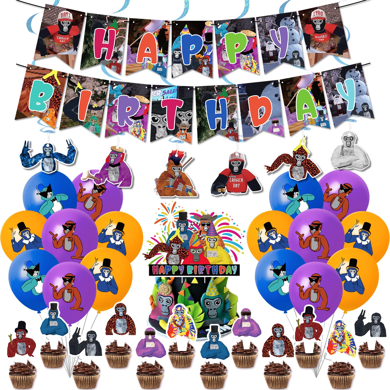 Gorilla Tag 38PCS Birthday Decorations - Kids Party Supplies with Cake Topper, Balloon Banner & Swirls