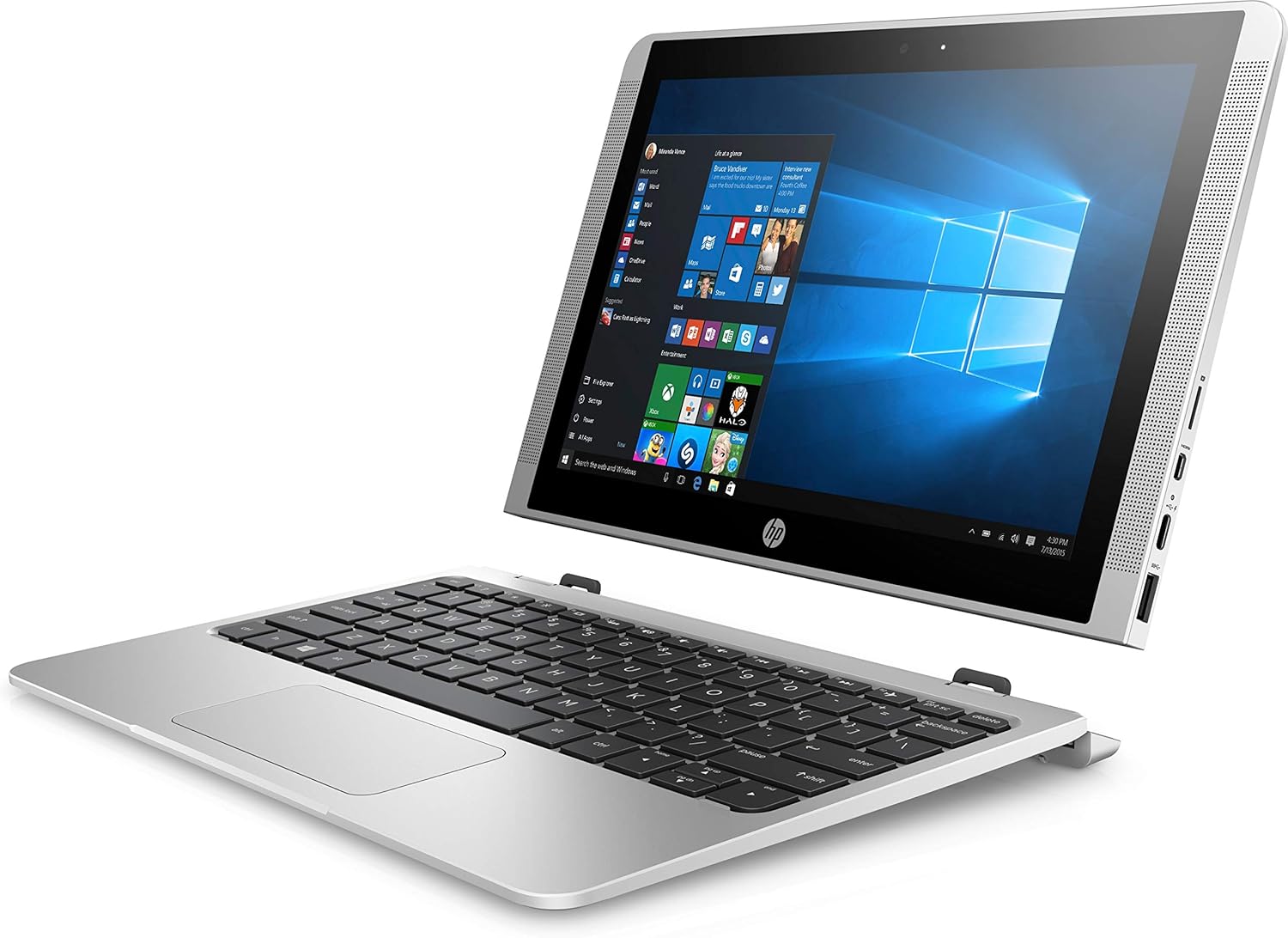 HP 10-P018WM Detachable Laptop in stand mode, displaying Windows 10 desktop