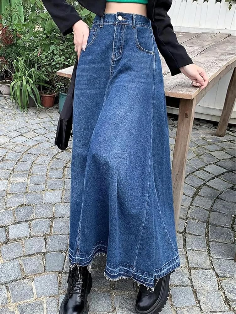 Amazon.com: Women A-Line Long Denim Skirt Vintage Casual