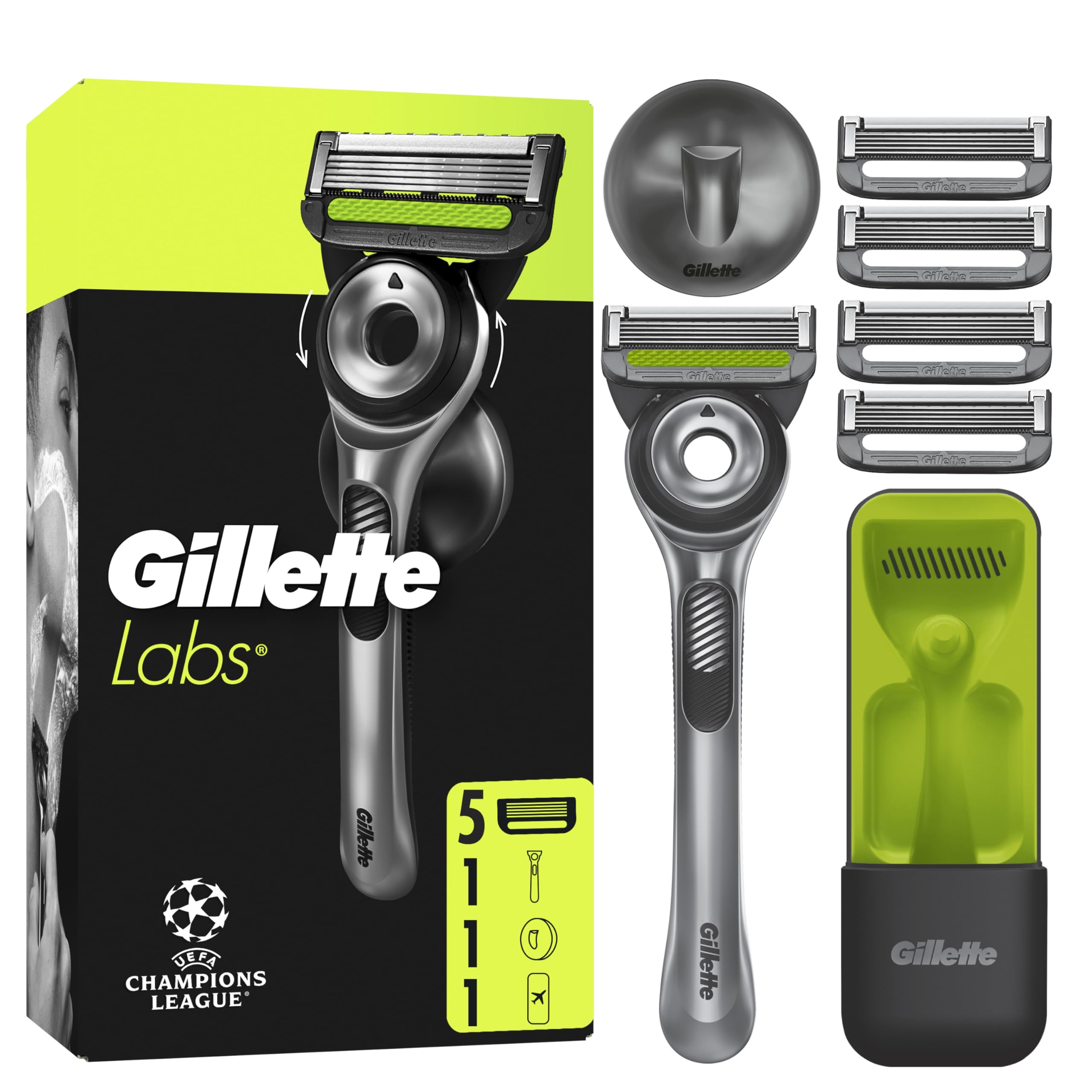 Gillette Labs Rasoio A Mano Libera Con Barra Esfoliante e Lamette di Ricambio, 1 Manico + 5 Lamette Gillette Labs Di Ricambio, Include Gancio Da Parete e Custodia Da Viaggio