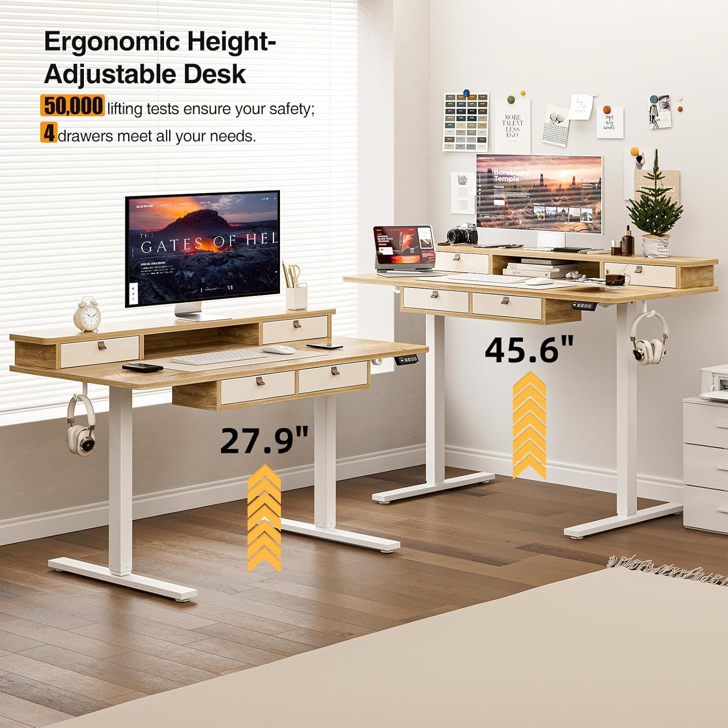Two Grandder desks, one at sitting height (27.9 inches) and one at standing height (45.6 inches), illustrating the ergonomic height adjustment range.