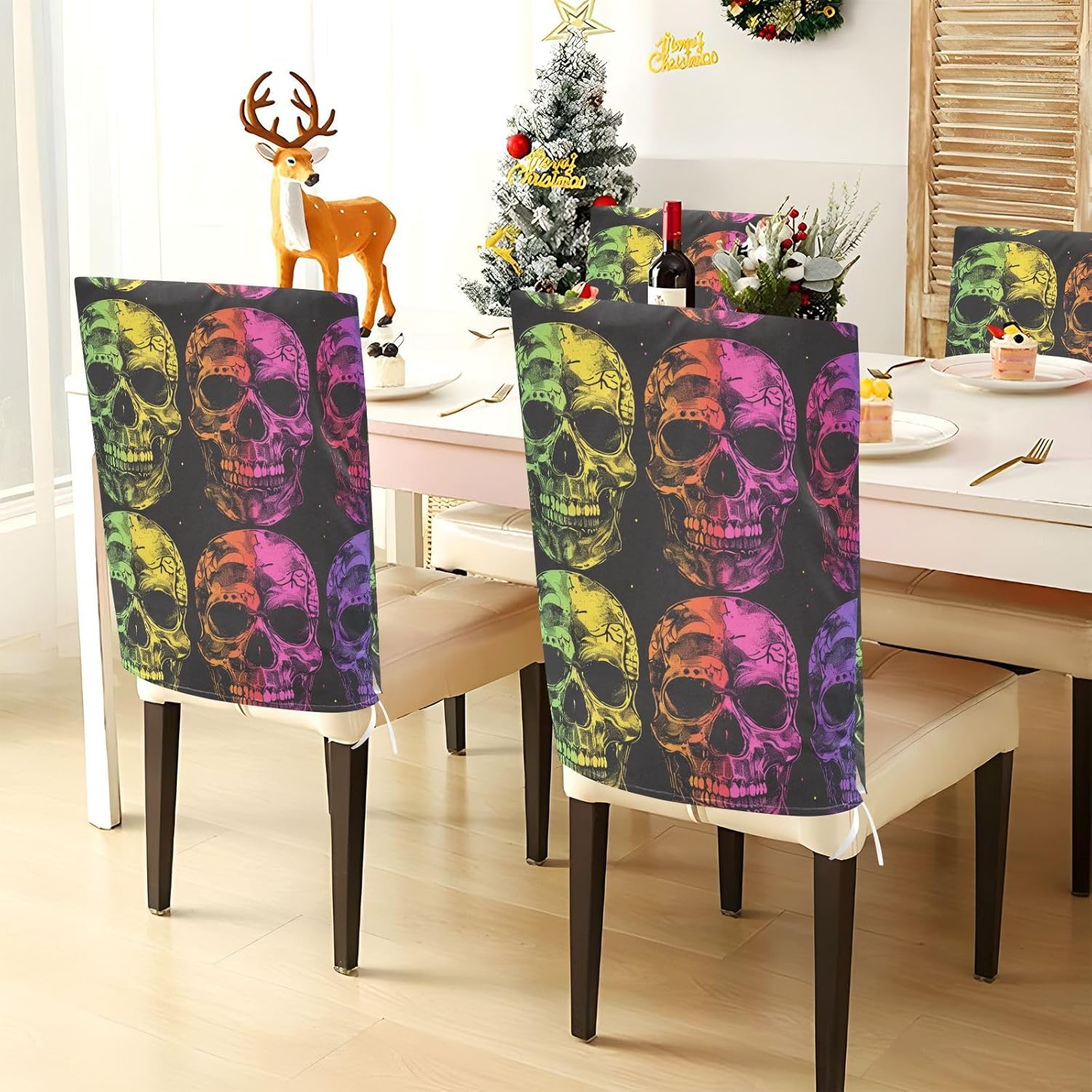 ALAZA Rainbow Skulls Chair Back Cover Set of 6, Washable Reusable Removable Chair Slipcovers Decorative Chair Cover for Home Kitchen Wedding Party
