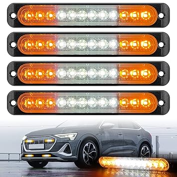 4pcs LED Emergency Strobe Light, XTAUTO 12-LED Ultra Slim Surface Mount Flashing Warning Beacon Hazard Construction Caution Grille Light Bar for Truck Car Off Road Vehicles SUV ATV (Amber White)