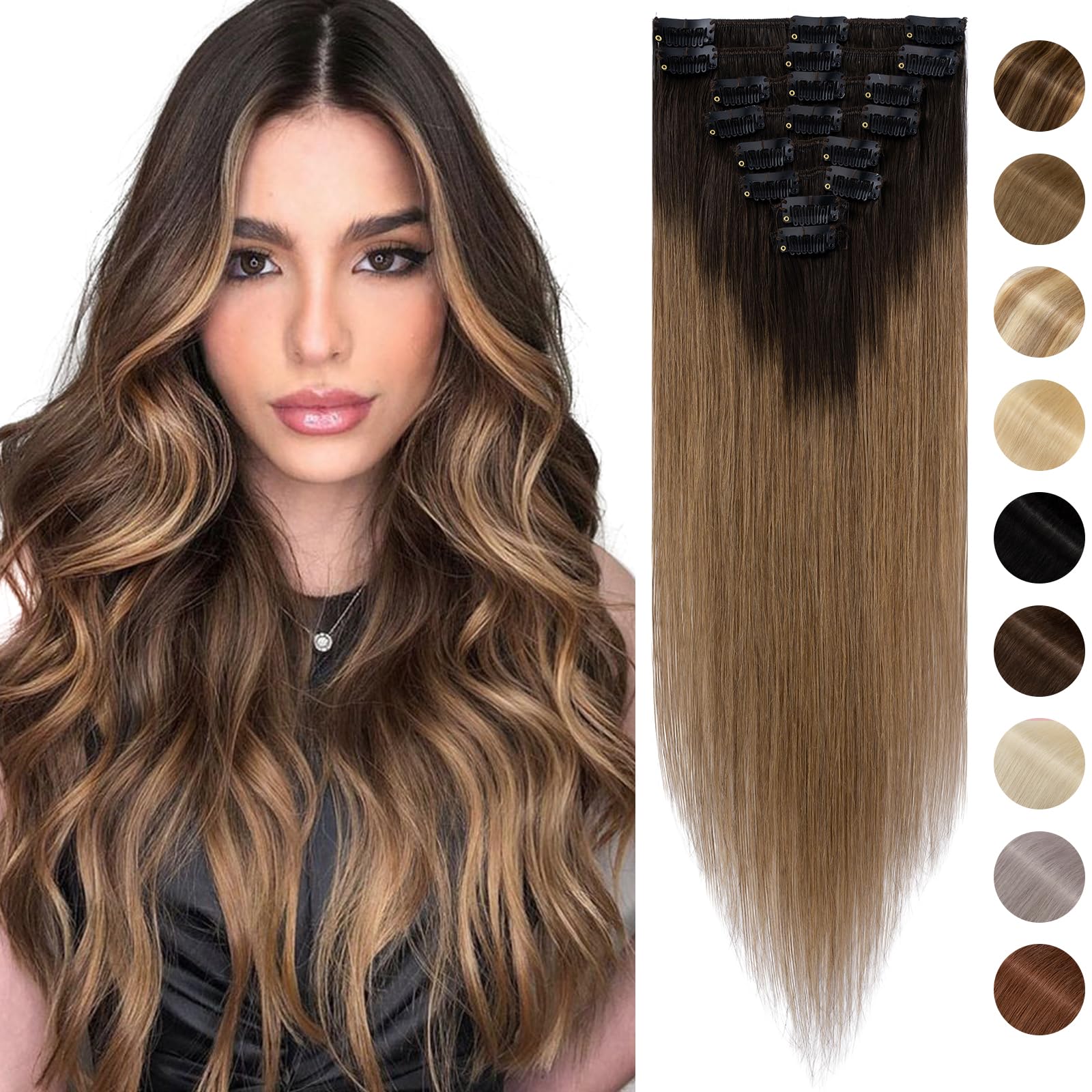 Silk-co Clip in Hair Extensions Real Human Hair 100% Remy Silky Soft Straight Hair Extension #2/6 Dark Brown Ombre Light Brown Basic Thickness-Thin Weft 8 PCS 16inch-65g