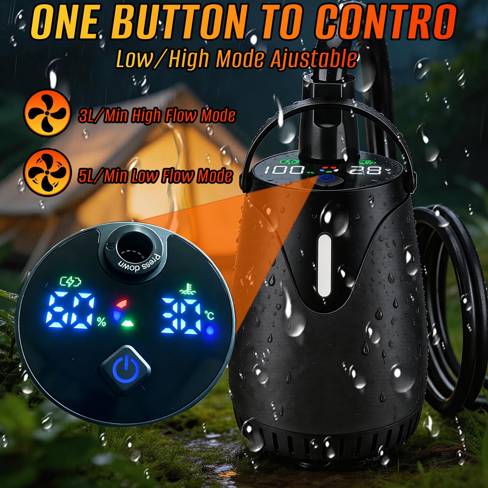 Tragbare Campingdusche, 8000mAh Camping Dusche mit Pumpe und Tauchsieder Temperaturanzeige Außenduschen Set Wasserdicht IPX8 mit 20L Klappbarer Eimer Duschkopf und 2M Schlauch