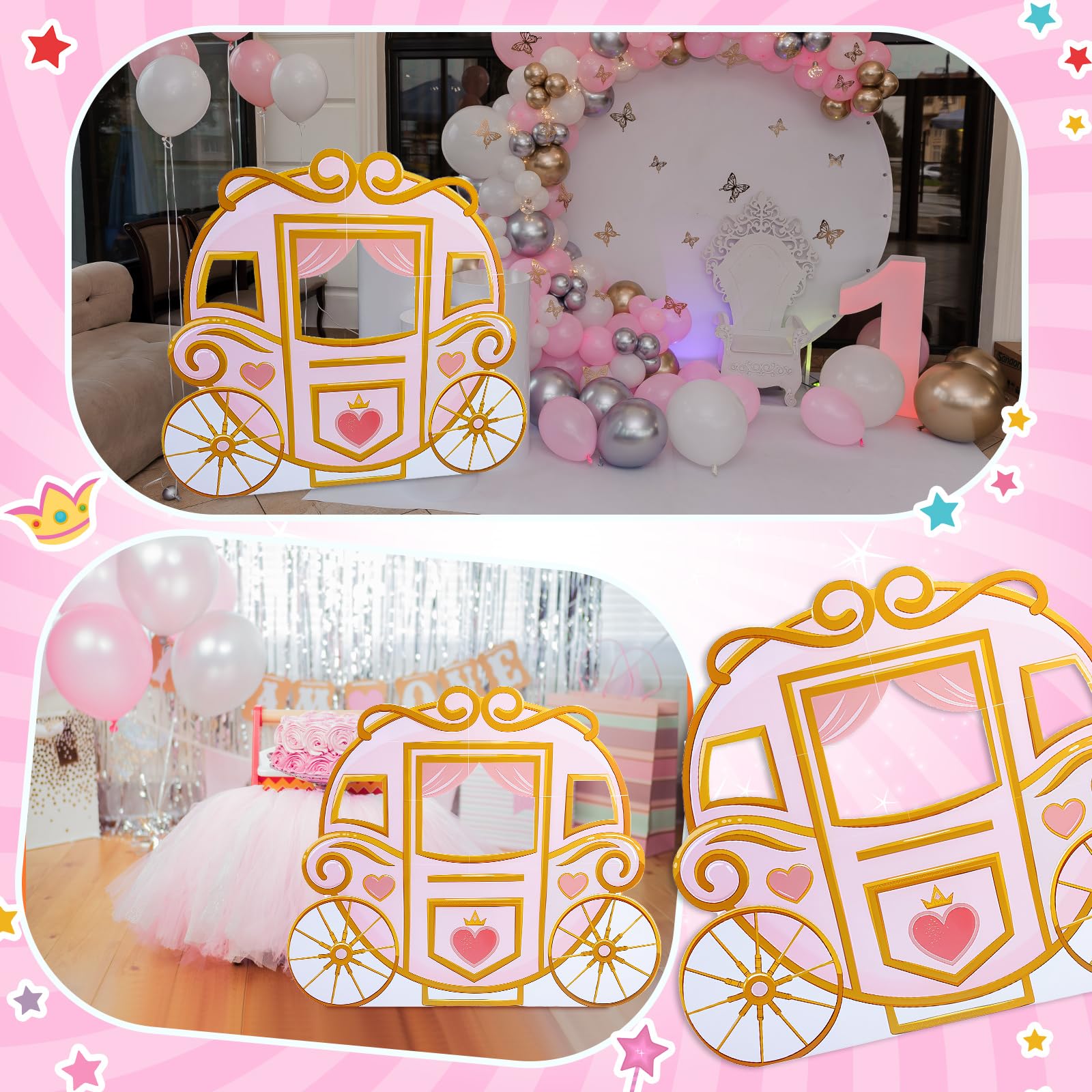 Geelin 119,4 cm Prinzessin Kutsche Pappaufsteller Stand Up Rosa Prinzessin Geburtstag Party Dekoration Lebensgroße Fotokabinen Requisiten für Mädchen Themed Geburtstag Hintergrund Party Supplies