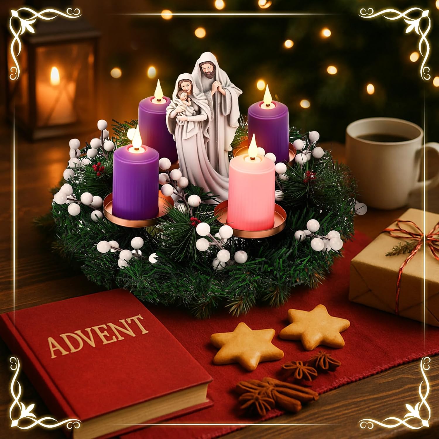Suncalla 6 Pcs Christmas Advent Wreath Candle Holder, 4 PC Flameless Candle
