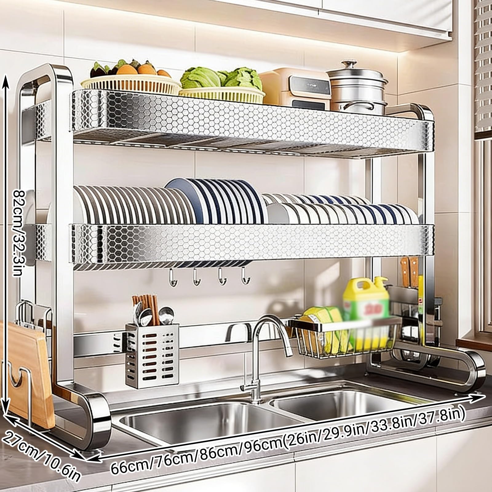 Escurridor de platos de acero inoxidable de 2 niveles sobre el fregadero, escurridor de encimera de cocina con soporte para utensilios para platos, vasos y cubiertos