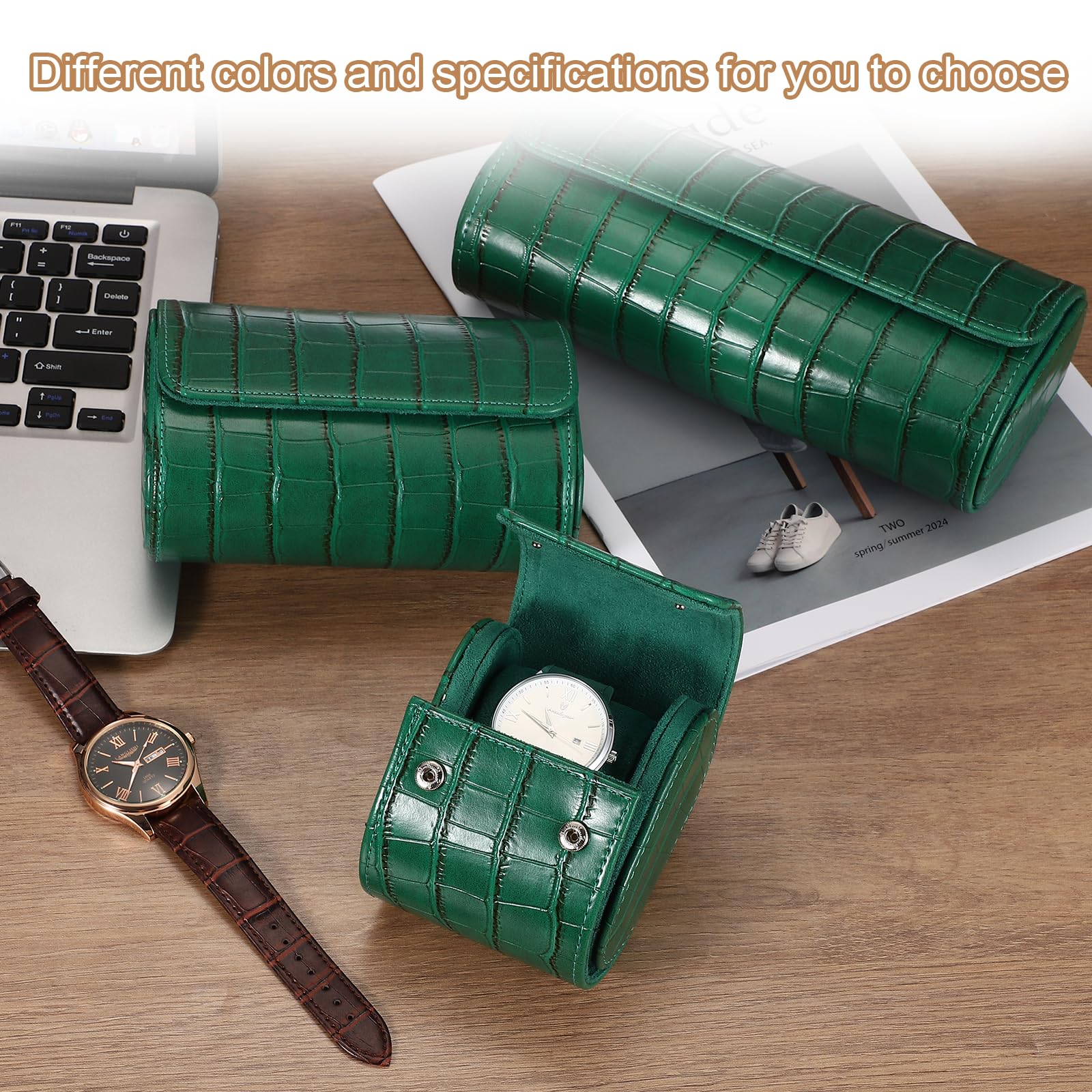 Custodia da viaggio per orologio da uomo in pelle con motivo coccodrillo, astuccio arrotolabile per orologio, scatola portaoggetti portatile per orologio, ideale per Natale, compleanno e anniversari