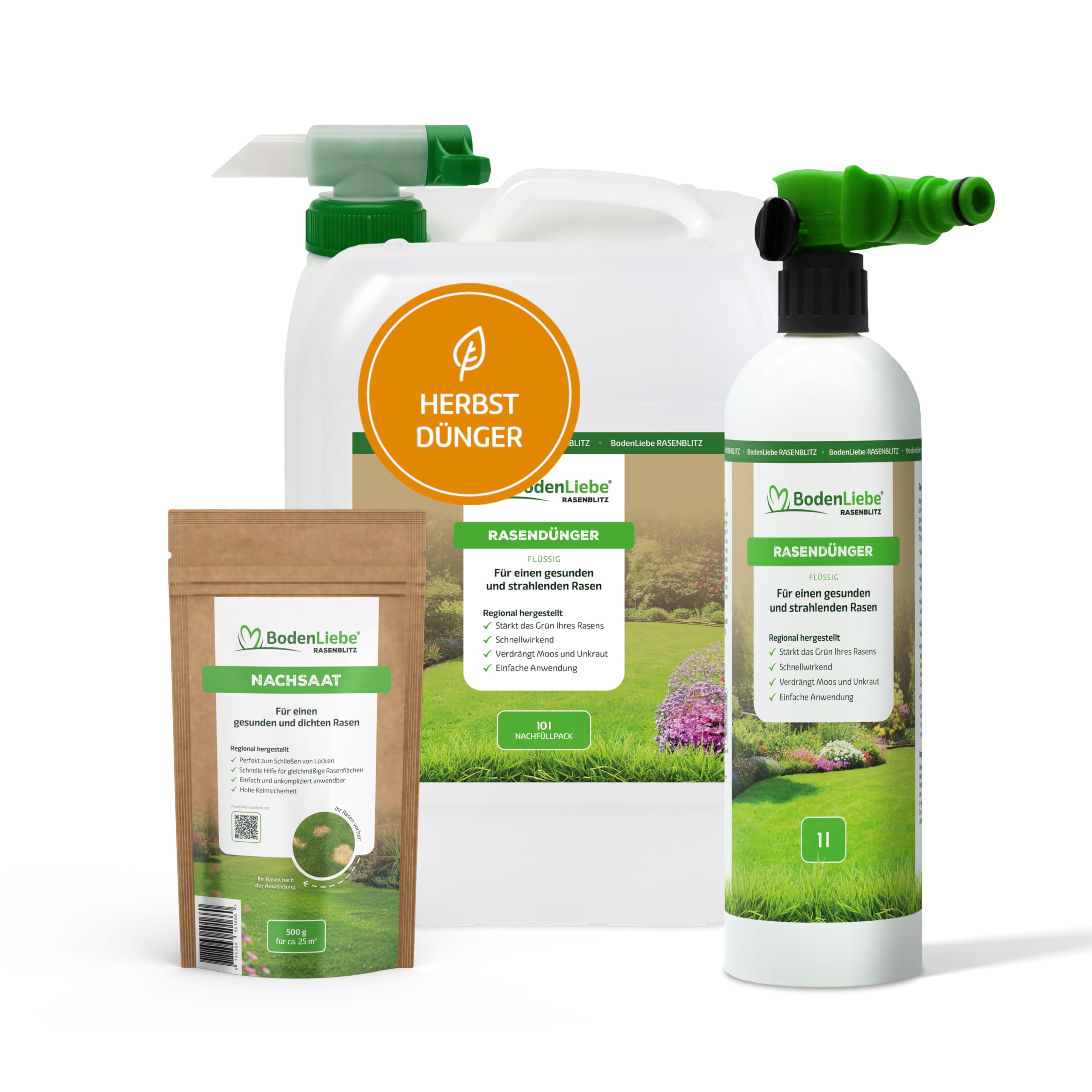 RASENBLITZ Rasendünger Herbst flüssig 10 L Flüssigdünger | zur Vorbereitung vor dem Winter, inkl. 500 g Nachsaat & Sprühflasche, Ergänzung zu Rasensamen, am Gartenschlauch