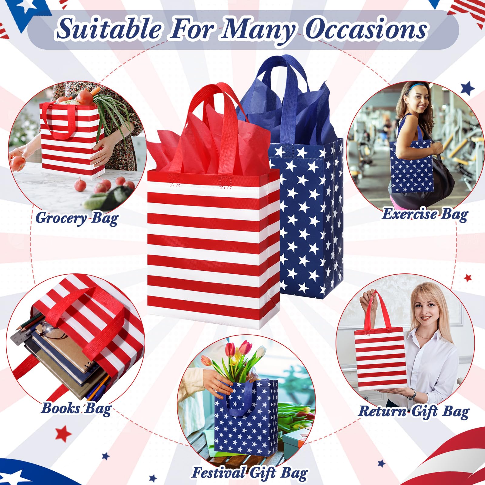 Yoojahow 24 Set Patriotic Gift Bags Bulk with Tissue Memorial Day American Flag 4th of July Red White Blue Tote Bags Non Woven Party Favors with Handle for Holiday Patriotic Birthday Supplies
