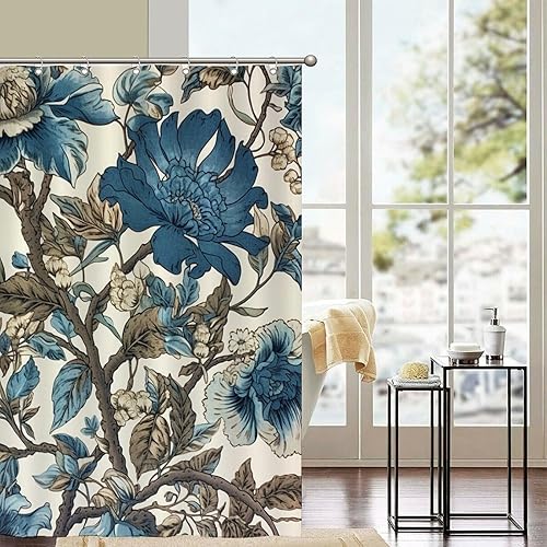 Miniatura 1011 de Cortinas de ducha de baño con ganchos, 72 x 92 pulgadas, cortina de ducha de tela impermeable con diseño de flores y pájaros, cortina de ducha