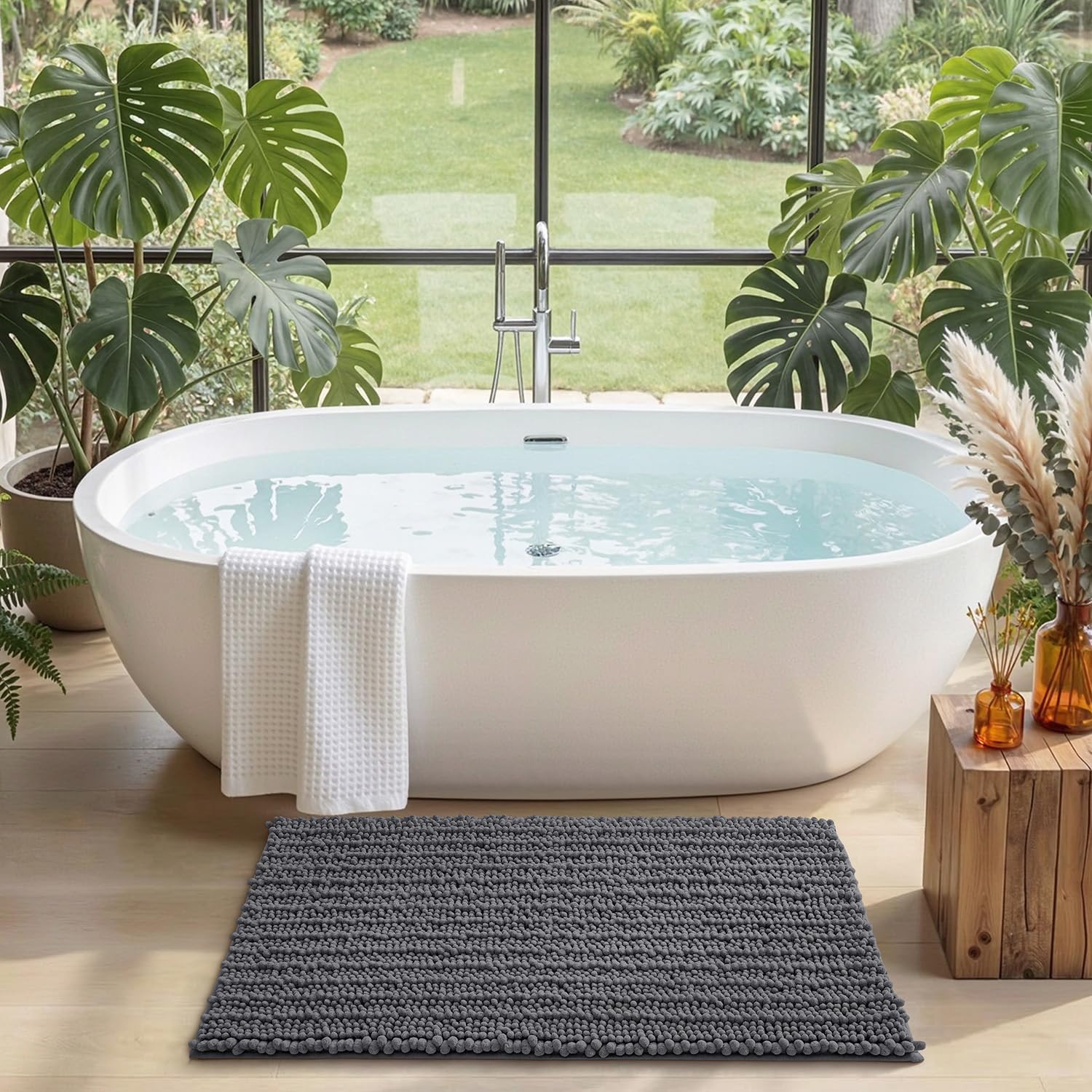 DEXI Tapis de Bain en Chenille 60 x 90 cm, Épais et Absorbant, Gris
