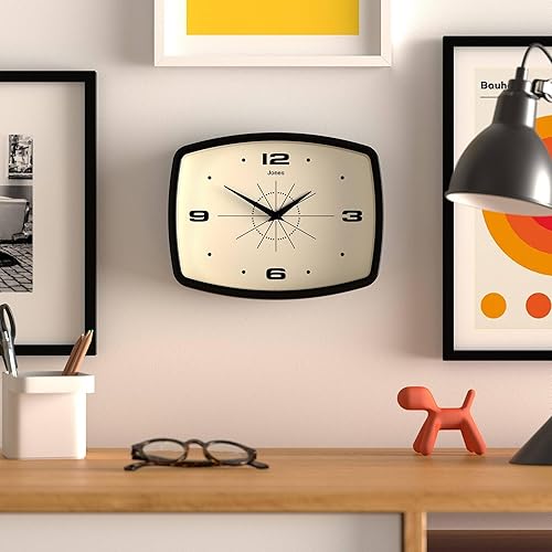 Miniatura 3 de JONES CLOCKS Reloj de pared de película  Reloj retro rectangular  10 pulgadas  Negro  Aspecto de diseñador fresco de mediados de siglo para cocina,
