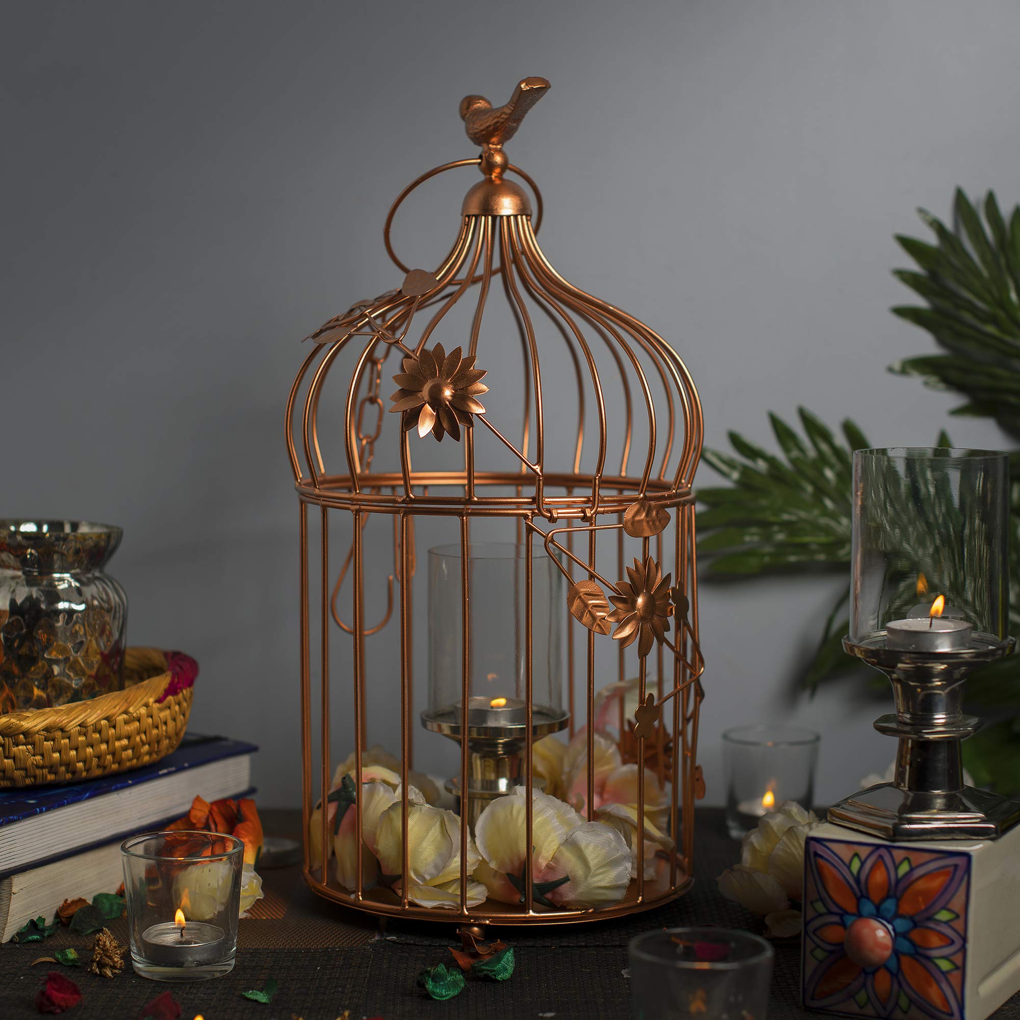 Homesake Iron Copper Hanging Cage With Floral Vine Large Single, With Hanging Chain, Decorative Tealight Candle Holder