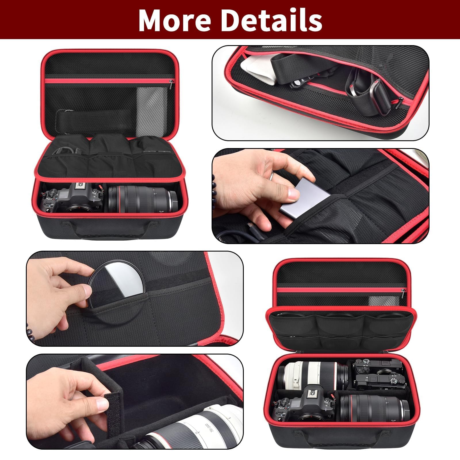 Custodia per fotocamera Canon EOS Rebel T7/R50/R6 Mark II/R100, per Sony Alpha 7 IV/ ZV-E10/ A6400/ A6700/A6100, per Nikon D7500 DSLR SLR, borsa per obiettivo/batteria/treppiede, con tracolla - solo