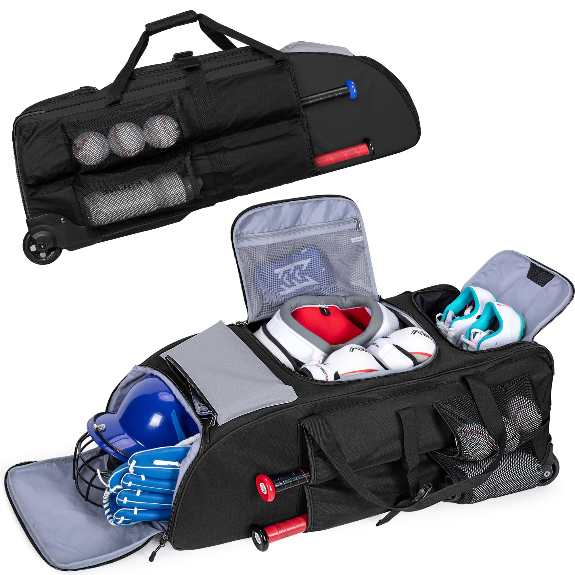 GOBUROS Rolling Baseball Bag, Large Softball Catchers Gear Bag with Wheels