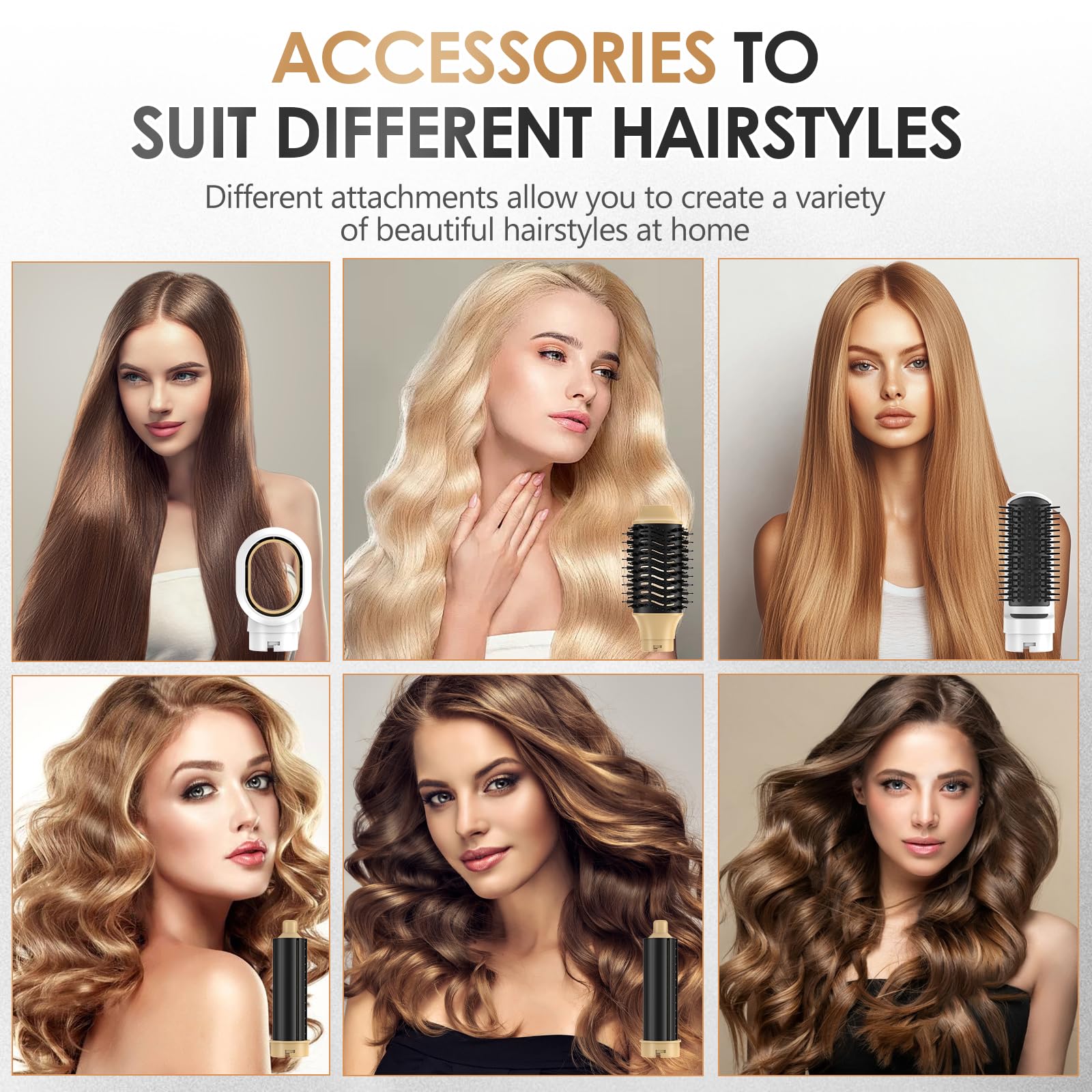 Cepillo de Aire Caliente, Air Styler 5 en 1, Cepillo Alisador Pelo, Cepillo Secador de Pelo, 5 Cabezales Intercambiables, 3 Temperaturas, Peinados Rápidos, para Seca Alisa (Oro blanco)