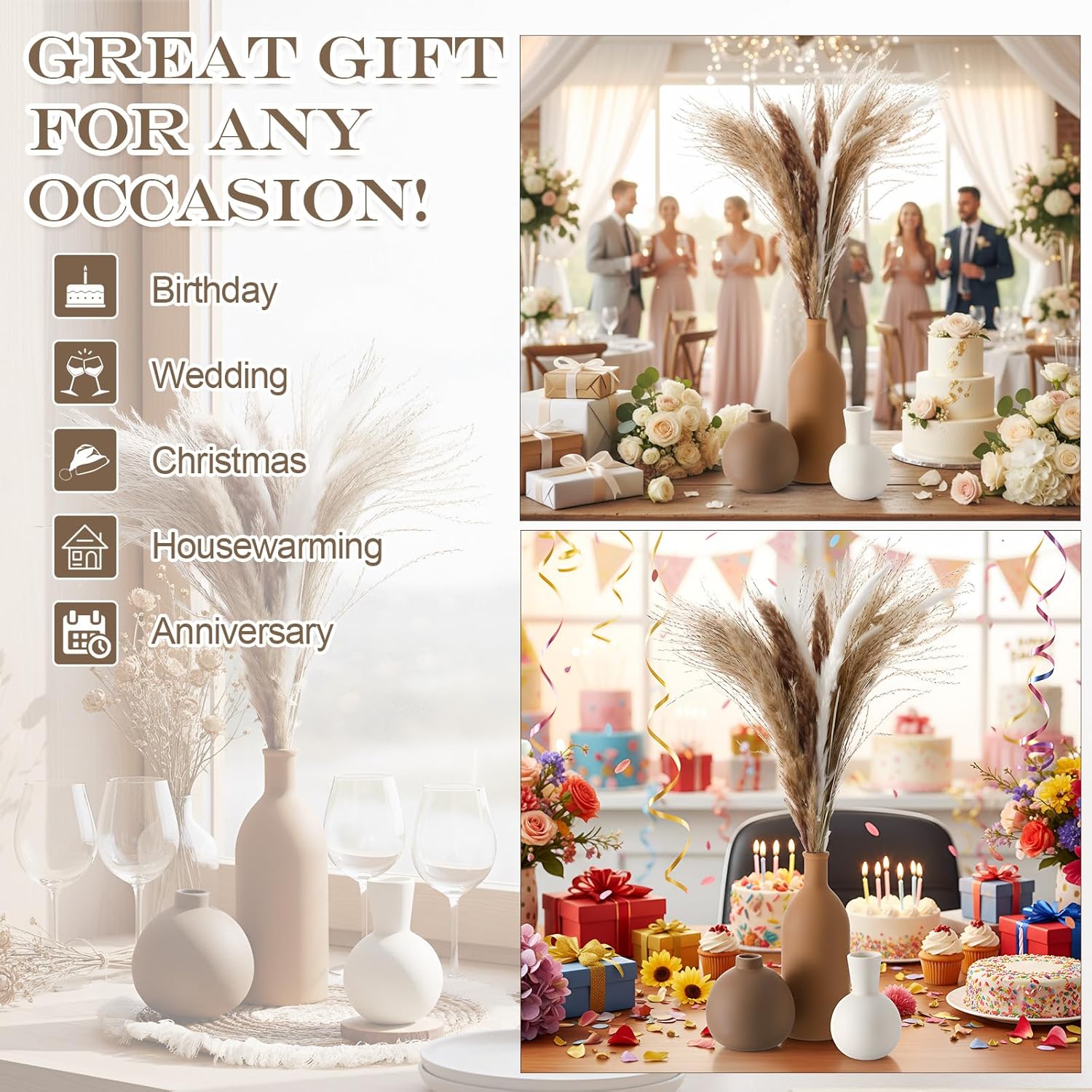 Boho Ceramic Vase Set of 3 with 65 Pcs Dried Pampas Grass Flowers, Nordic Modern Style Beige Brown Room Decorations Rustic Farmhouse Vases for Home Decoration