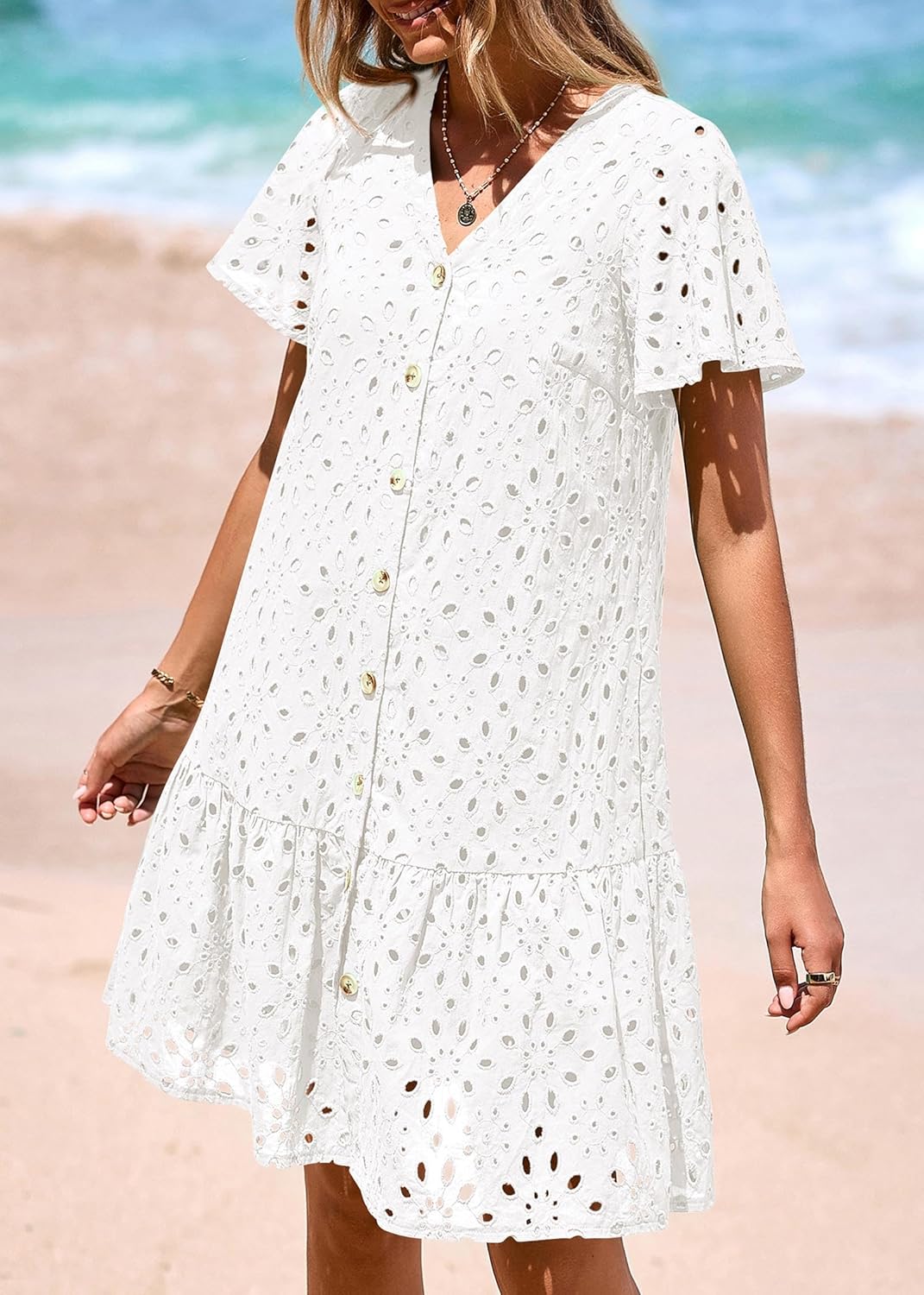KIRUNDO Eyelet Dresses for Women 2026 Spring Summer Short Sleeve Button Down Loose Mini Babydoll Dress Beach Vacation Clothes - Image 7