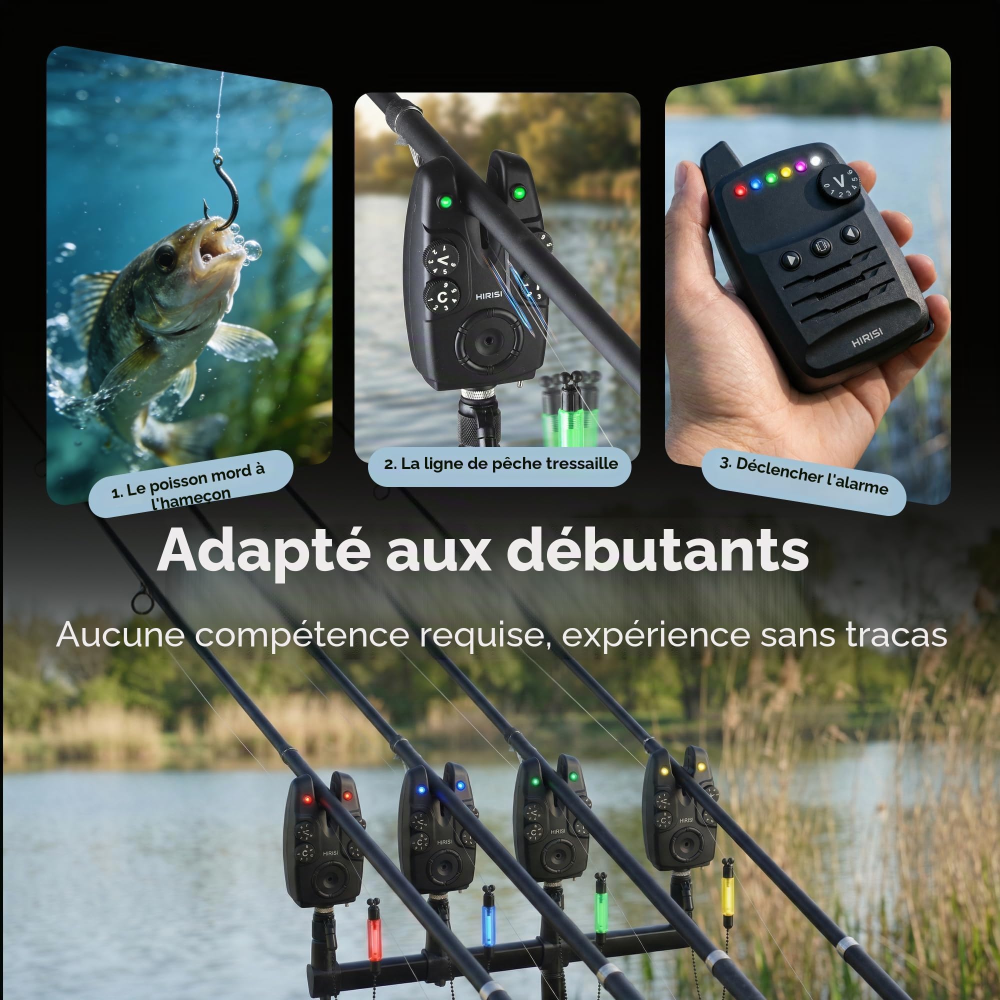 Hirisi Tackle Lot de détecteurs de touche pour carpe avec télécommande sans fil, 6 couleurs réglables, sensibilité, volume et son, cordon inclus