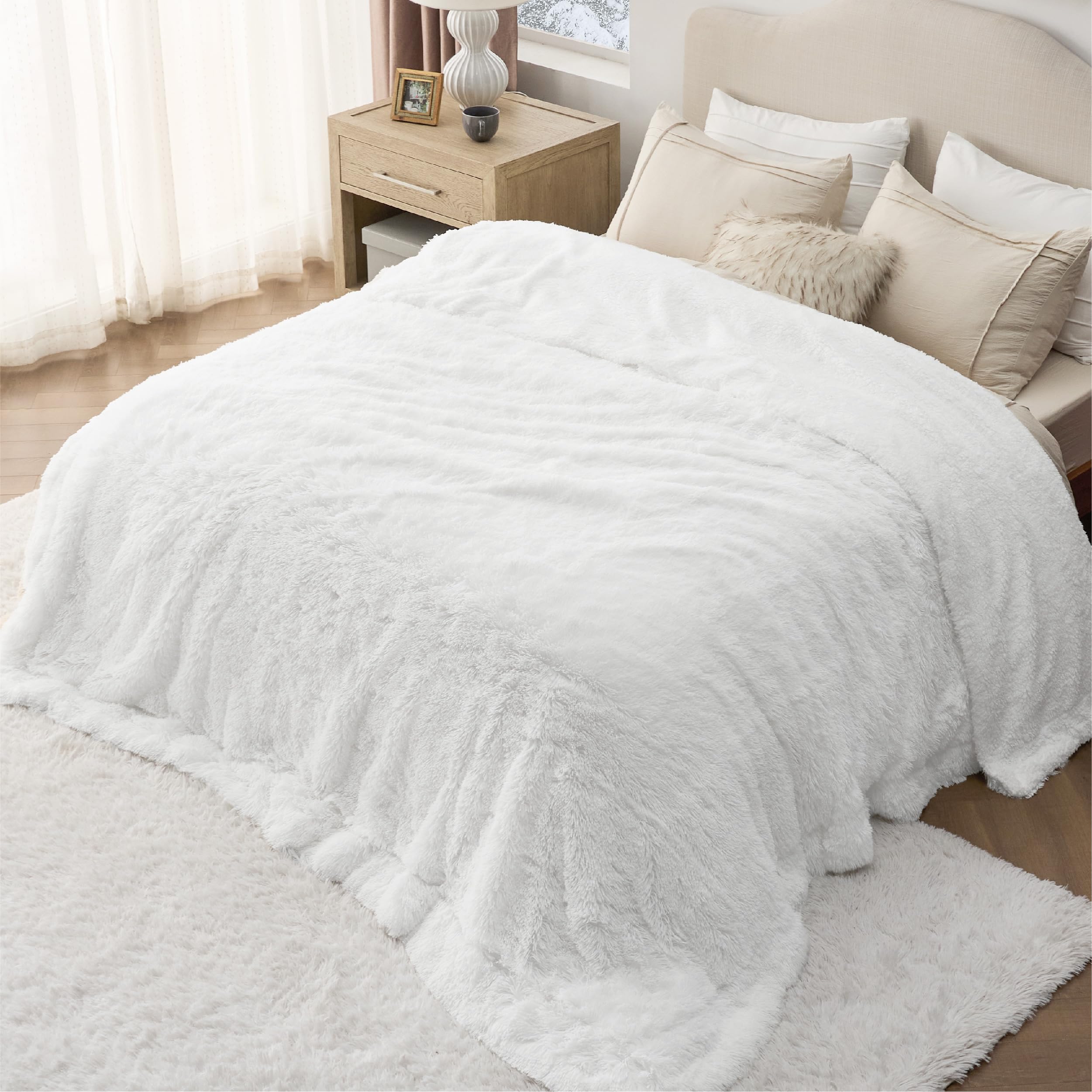 Bedsure GentleSoft Fluffy Grey Blankets Queen Size for Bed, Thick Sherpa Faux Fur Fleece Fuzzy Plush Winter Warm Heavy Soft Queen Blankets, Bedroom Decor Grey Gifts Cozy Gifts for Women Men, 90x90: 08- White King (108" x 90")