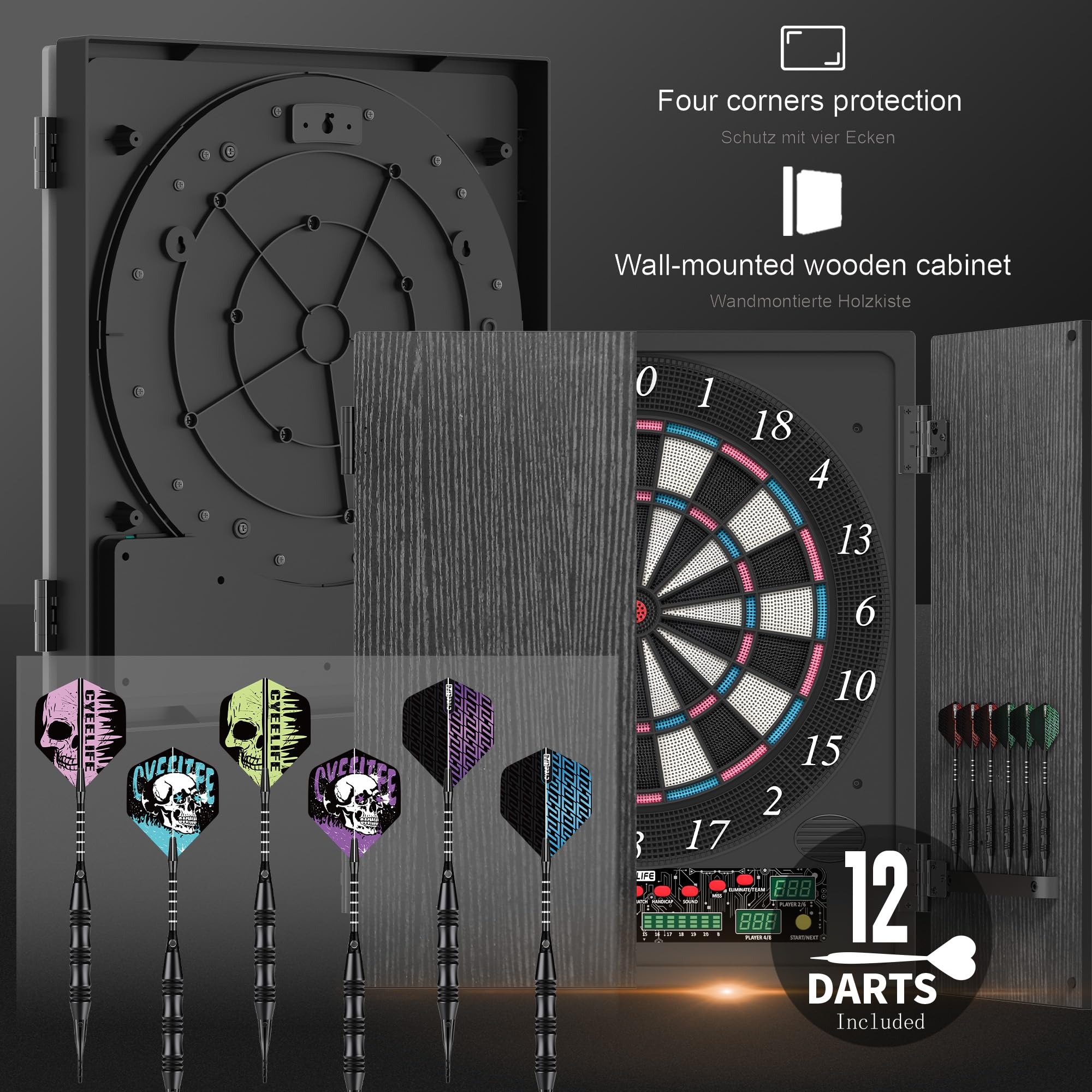 CyeeLife Bersaglio elettronico per freccette con armadio in legno, bersaglio elettronico con 34 giochi e 355 varianti, modalità 8 giocatori, display LED, voce tedesca