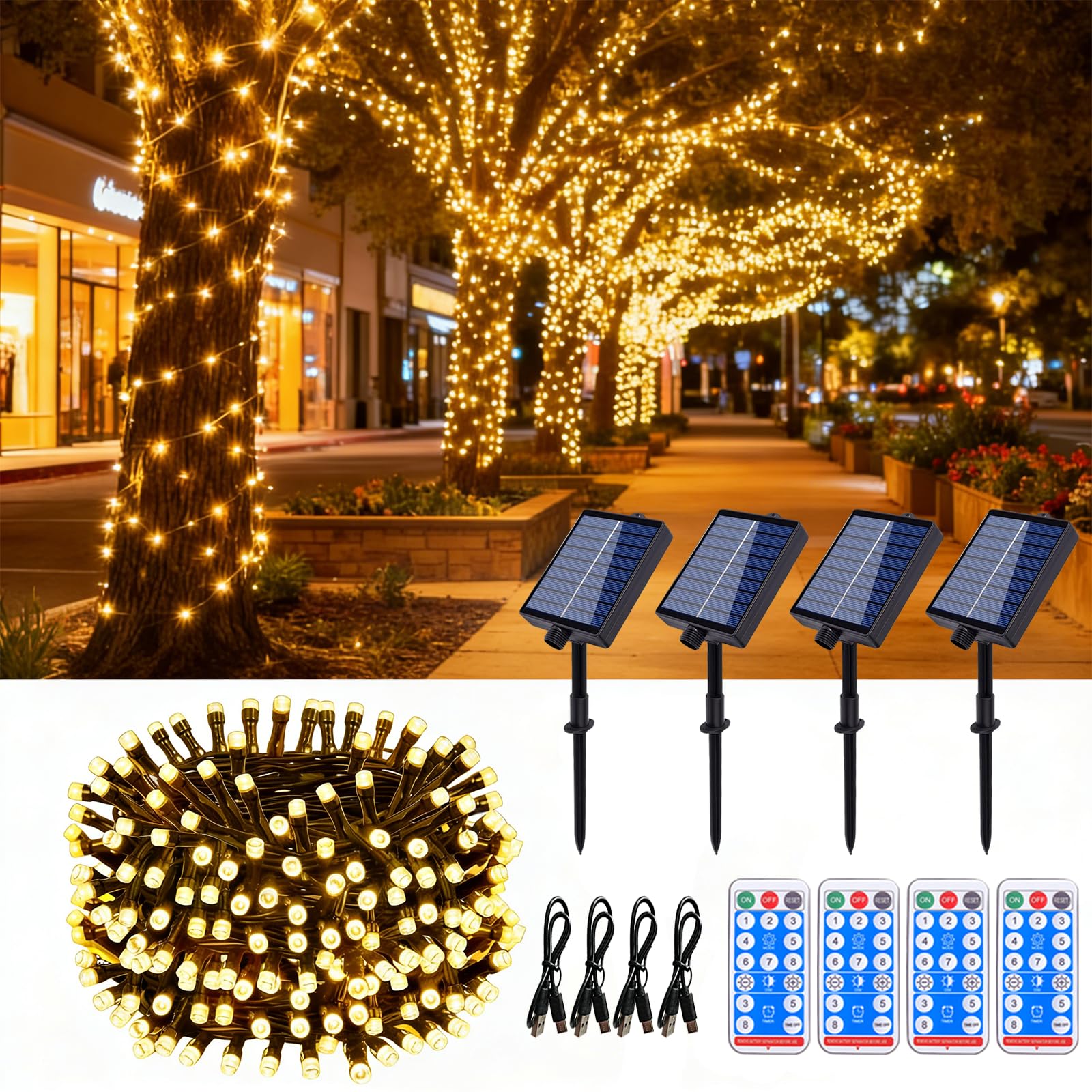 Solar Lichterkette Aussen 20m Warmweiß, Lichterkette Außen Solar mit Fernbedienung & Timer, 8 Modi Lichterkette Weihnachtsbaum Wasserdicht Für Garten Deko Balkon Deko - 4 Stück