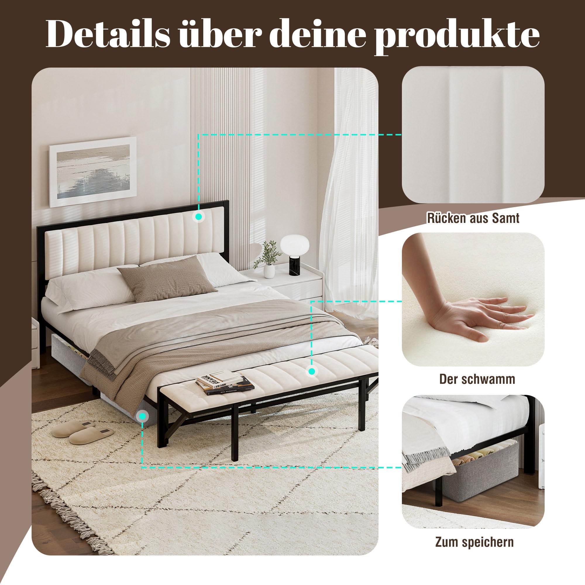 Samt Polsterbett 160x200 mit Endbank (Klappbar), Bettgestell aus Eisen, Doppelbett mit Lattenrost, Multifunktionsbett mit Stauraum, Bett für Jugendliche, Bett für Erwachsene, Flaches Bett, Beige