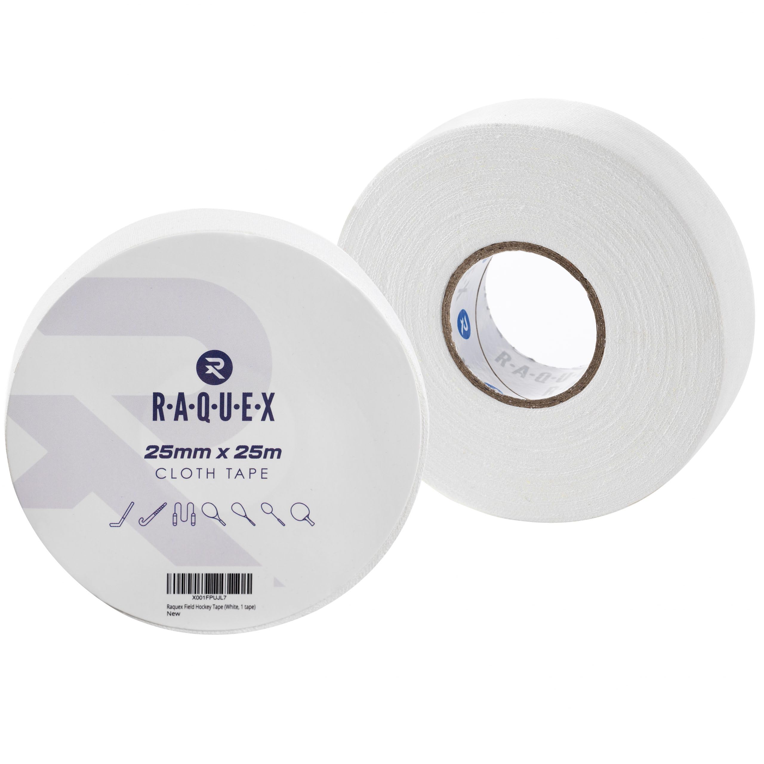 Raquex Sport Cloth Tape - 25m Long - Non-Slip Self-Adhesive - Field & Ice Hockey Sticks, Tennis, Badminton, Squash Racket Grip Tape, Skipping Ropes - Protective Cloth Tape for Sports (White, 4 items)