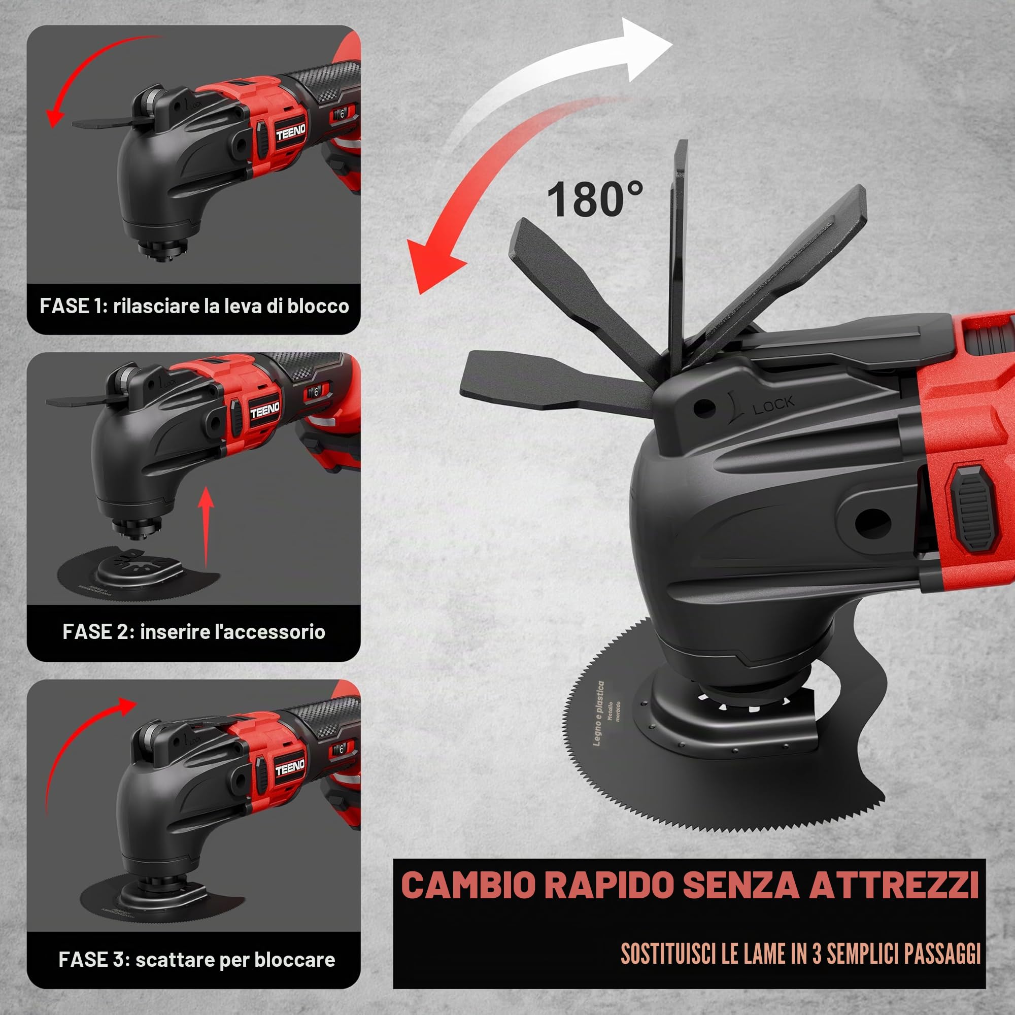 TEENO Utensile Multifunzione Oscillante Senza Fili 20V, Strumento Multifunzione Senza Fili Brushless, 6 Velocità Variabile, 8500-21000RPM, Caricatore, Angolo Oscillante 4°, Per Raschiare, Lucidare